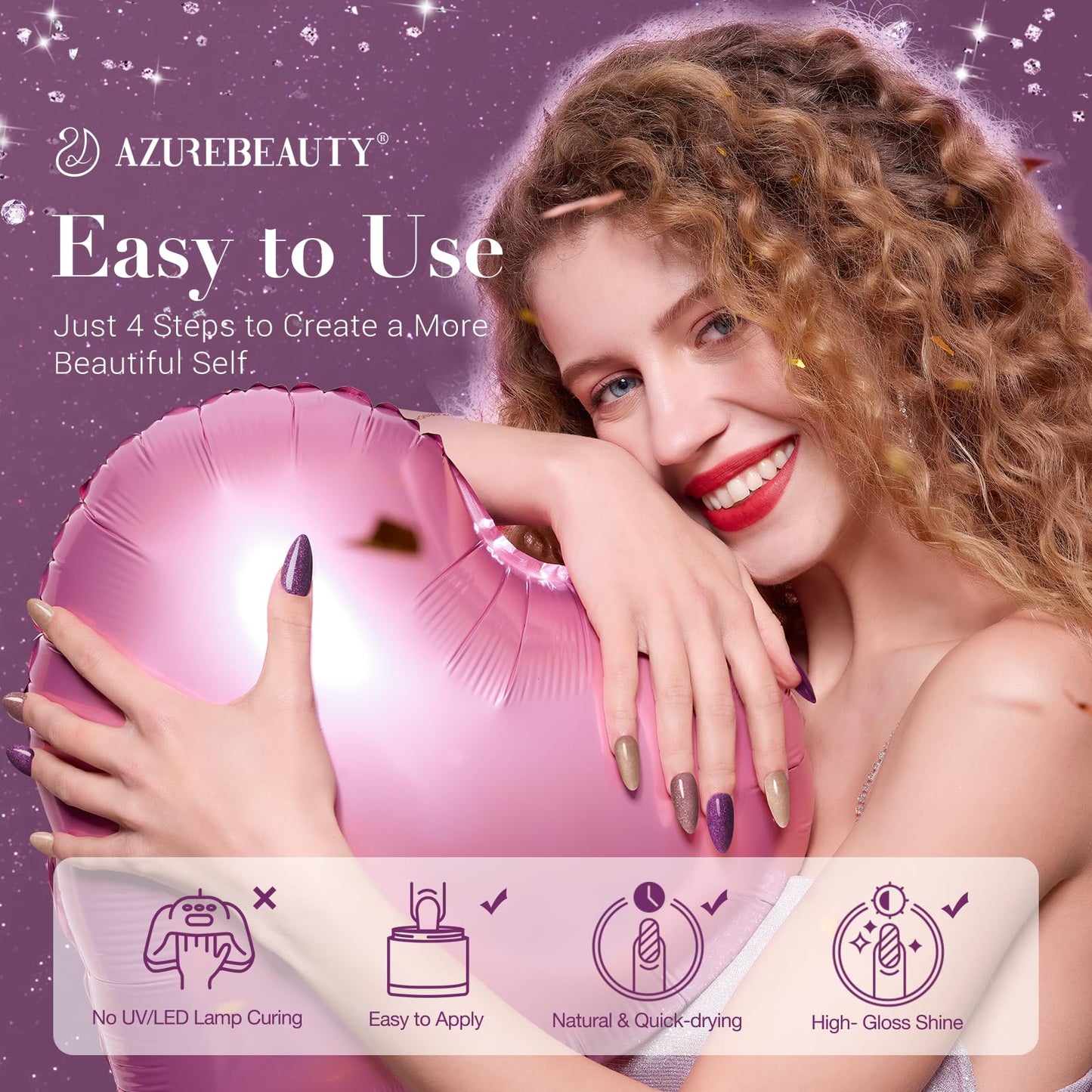 AZUREBEAUTY Dip Powder Nail Kit, 4 Colors Brown Purple Glitter Dipping Powder Starter Liquid Set Recycling Tray with Base & Top Coat Activator for French Nail Art Manicure Salon DIY at Home