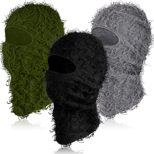 Newcotte 3 Pcs Distressed Balaclava Full Face Ski Mask Cool Knitted Balaclava Windproof Ski Mask for Men Women Cold Weather (Black, Dark Gray, Army Green)