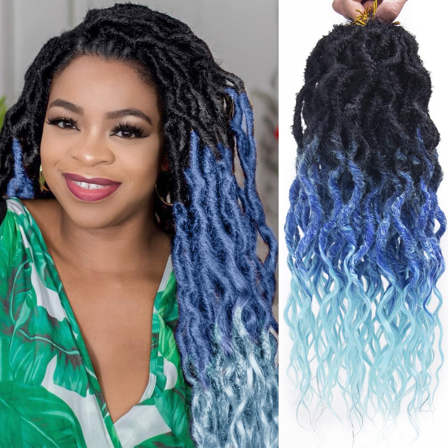 Faux Locs Crochet Hair 18Inch Goddess Locs Crochet Hair, 6Packs Blue Crochet Hair Pre Looped Soft Locs Curly Ends Dreadlock Extensions Faux Crochet Locs Synthetic Crochet Braids (1B/Blue, 18'')