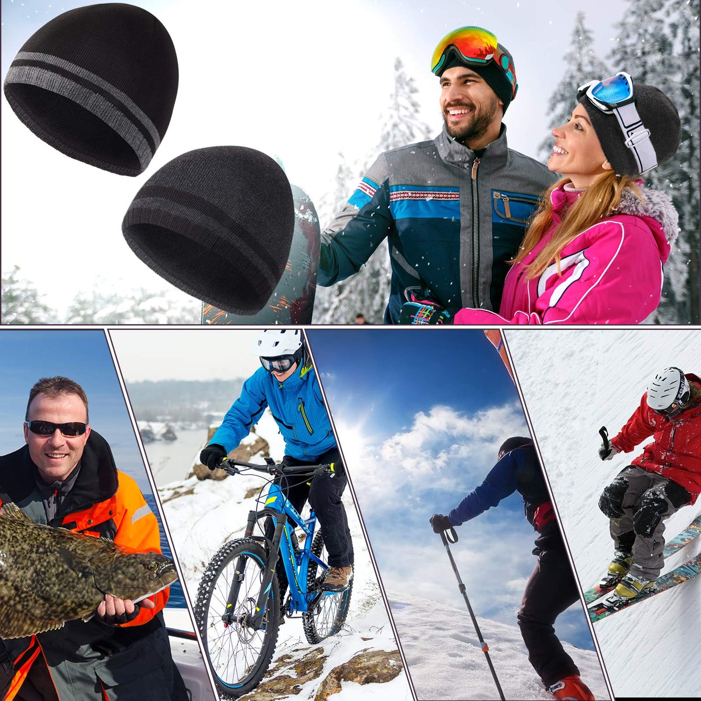 2 Pieces Winter Beanie Hat Men Knit Skull Cap Warm Knitted Watch Beanie Cap Ski Skull Cap Fleece Lined Beanie (Chic Style) (Classic Style) Black, Grey