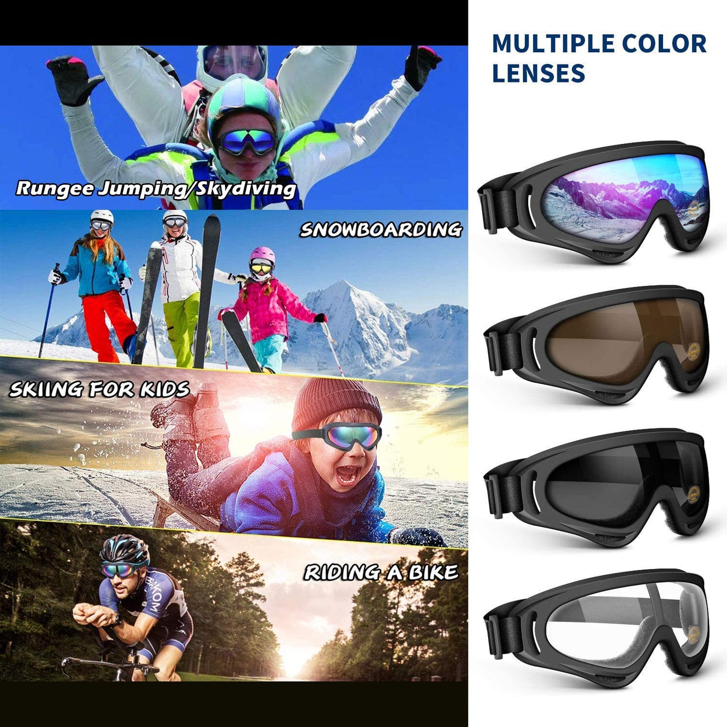 Anti-Glare Lenses, Ski Goggles, Winter Sport Snowboard Goggles with UV 400 Protection, Snowboard Goggles for Kids, Boys & Girls, Youth, Men & Women, Helmet, Wind Resistance (Transparent&Multicolor)