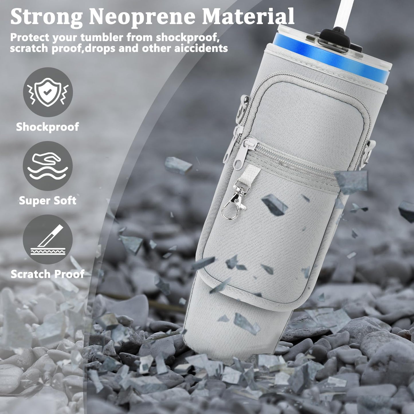 Water Bottle Carrier Bag with Phone Pocket Compatible with Stanley/Meoky 40 oz Tumbler with Handle,Neoprene Water Bottle Holder Pouch with Adjustable Strap Compatible with Stanley Cup Accessories
