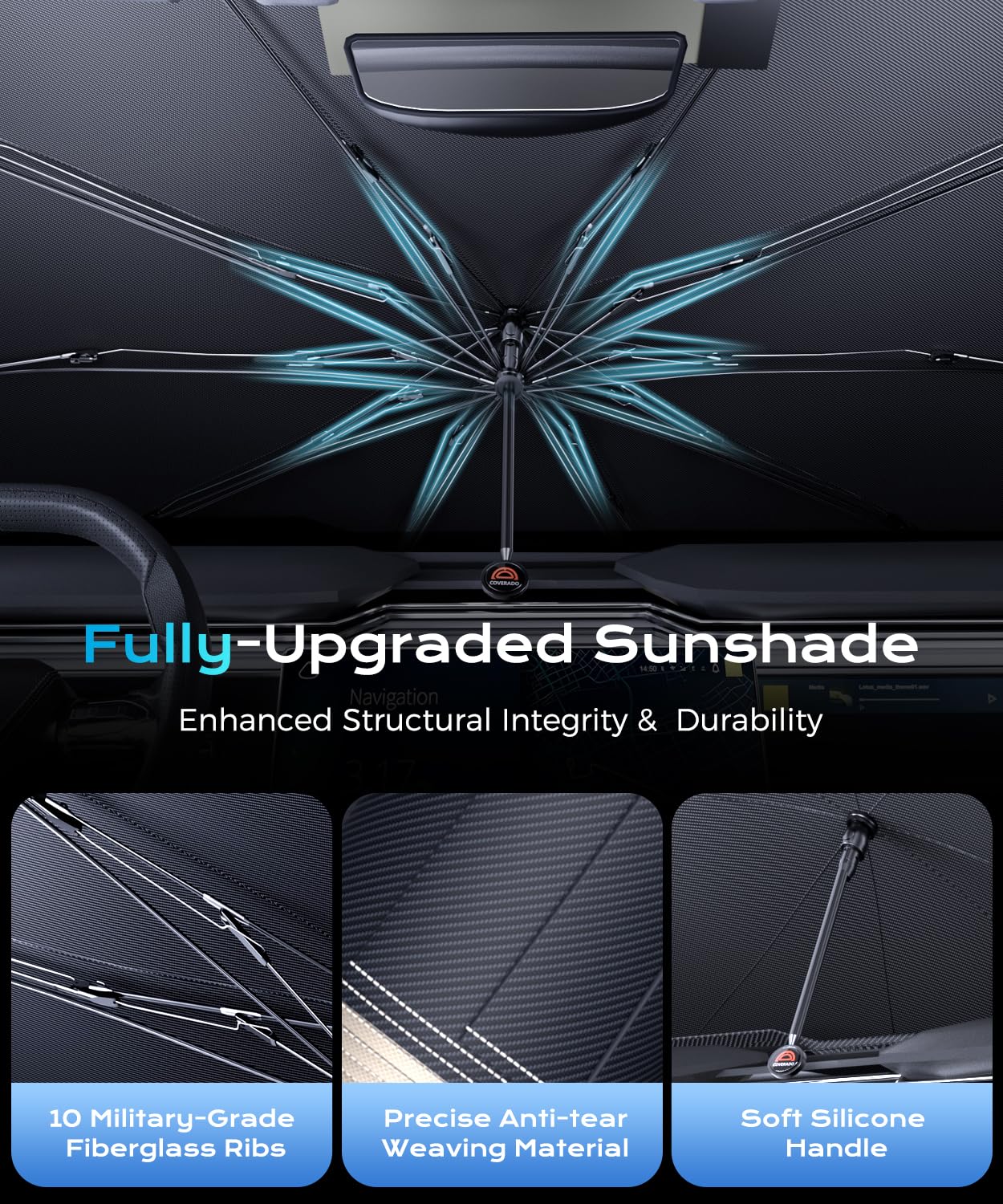 [2025 Upgrade] Coverado Windshield Sun Shade, UPF80+ Sunshade for Car Windshield Blocks Heat & UV Rays, Thickened Vinyl Coating Keep Cool Protect Interior, M 57”x32” for Sedans/SUVs