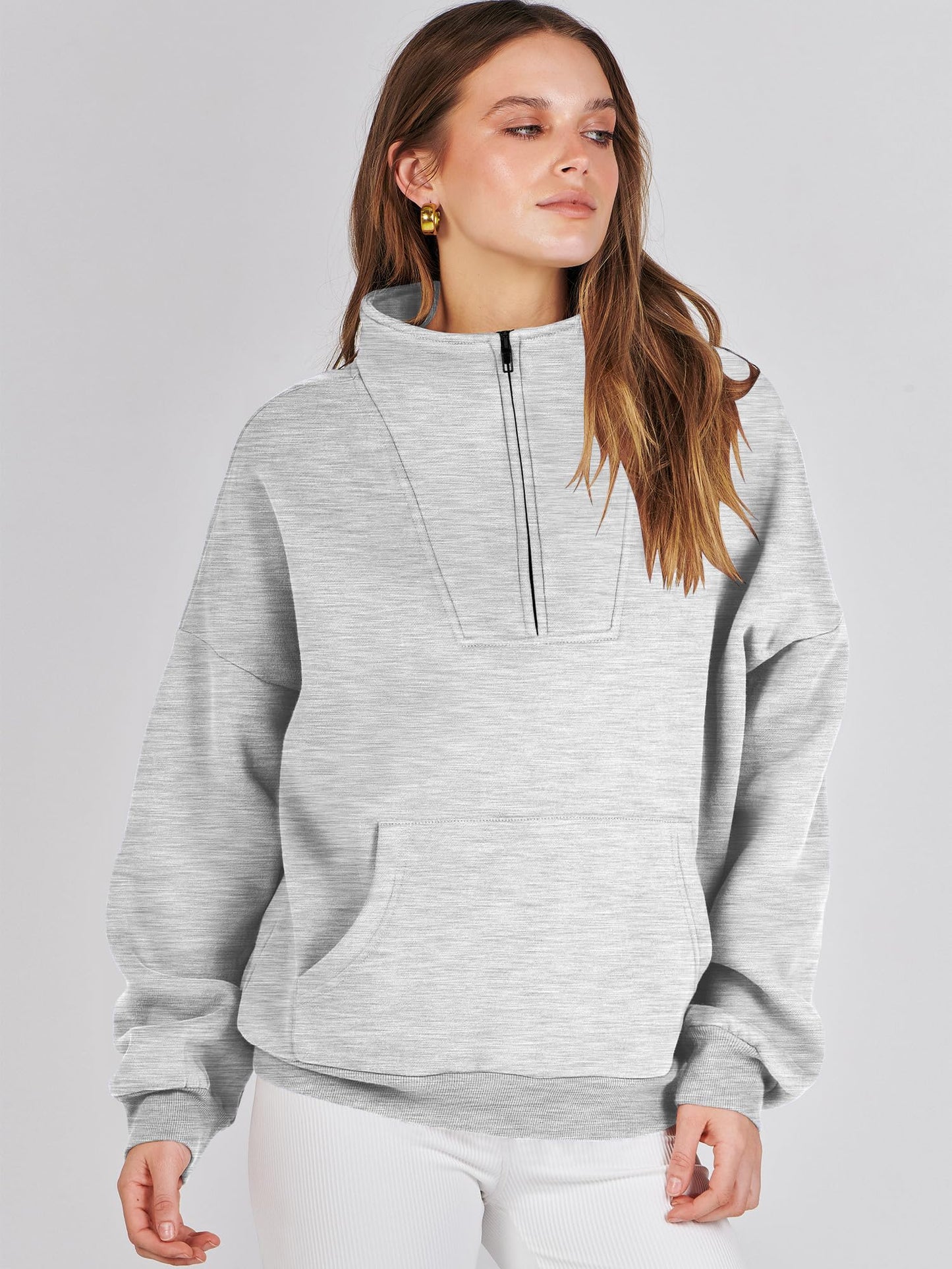 ANRABESS Womens Half Zip Sweatshirts Oversized Crop Pullover 2024 Winter Y2K Fleece Hoodie Sweater Teen Girls Fall Clothes Light Gray Large
