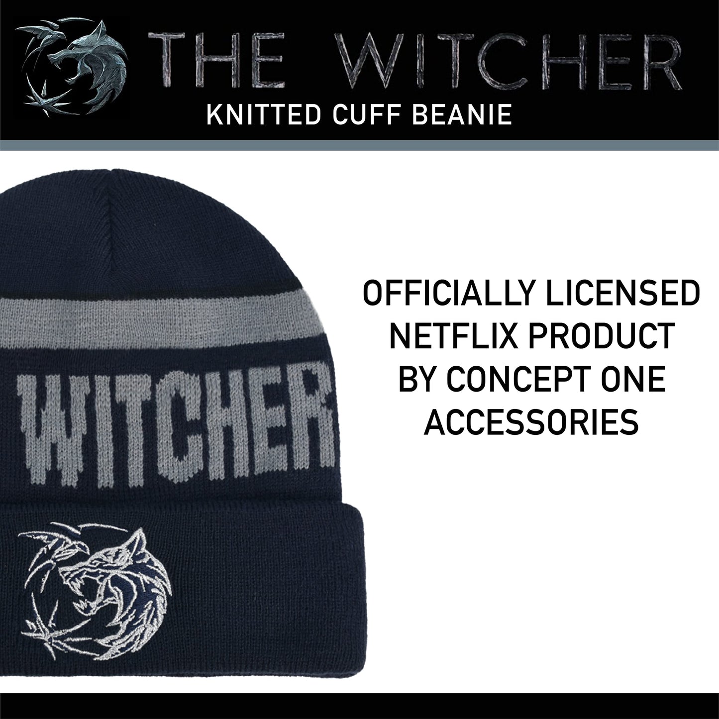 Netflix The Witcher Knitted Cuff Beanie Hat with Silver Logo, Black, One Size