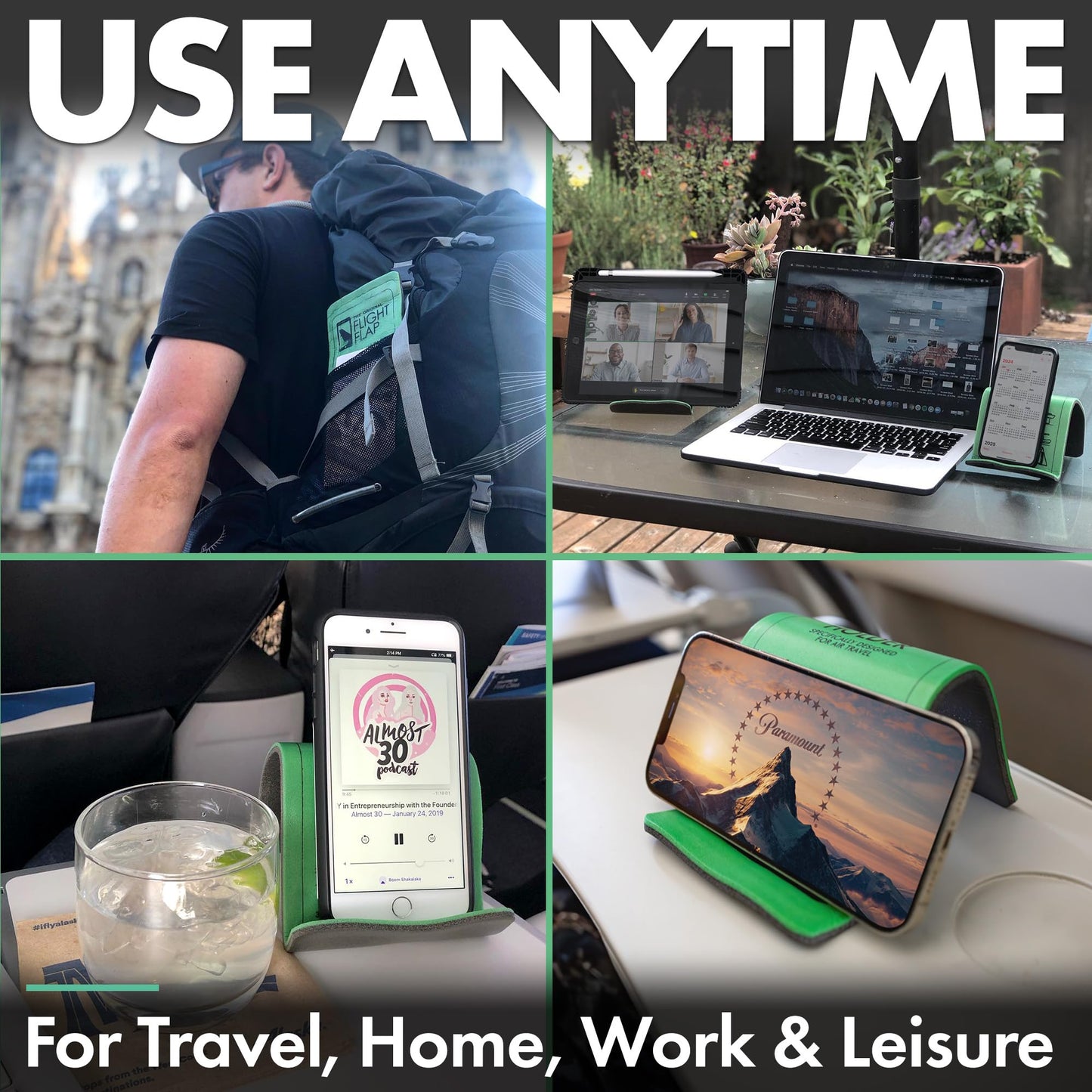 Flight Flap Airplane Phone Holder, Flexible Cell Phone Holder, Folding Cellphone Stand for Desk, Bed, Office, Treadmill - Airplane Accessories Long Flight Travel - Plane Essentials (Original Green)