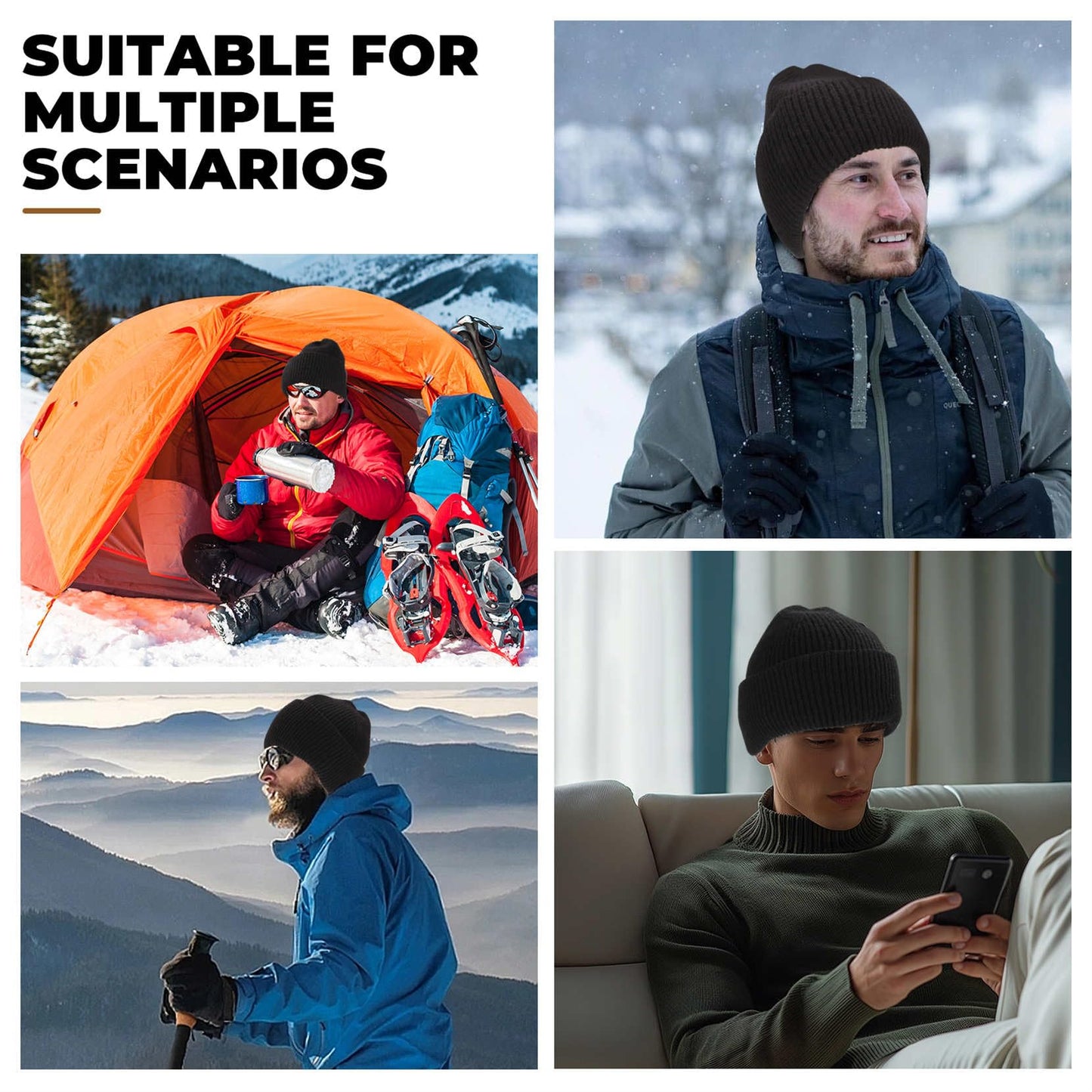 Three Layers of Cuffs Knit Red Beanies Hats Men Mens Warm Winter Red Beanie Hats for Women Hat Ski Hat Cap (Bright Red)