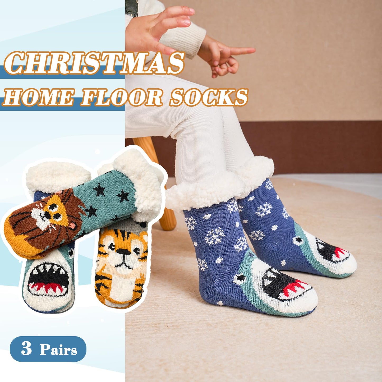 Moon Tree Toddler Boys Fuzzy Socks Winter Warm Socks for Kids Boys Thick Thermal Fleece Lined Fluffy Socks for Home 3 Pack Animals Beast 2-3T