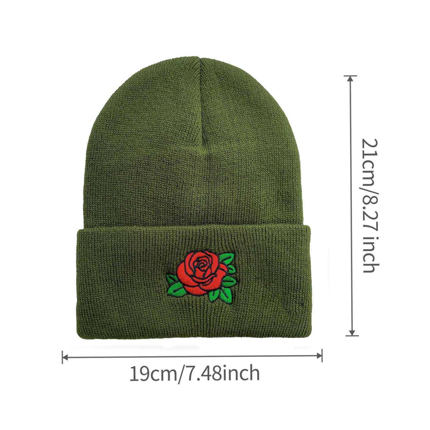 Beanie Hats for Men Unisex Rose Embroidered Women Acrylic Winter Cuffed Knit Warm Ski Hats Green Black