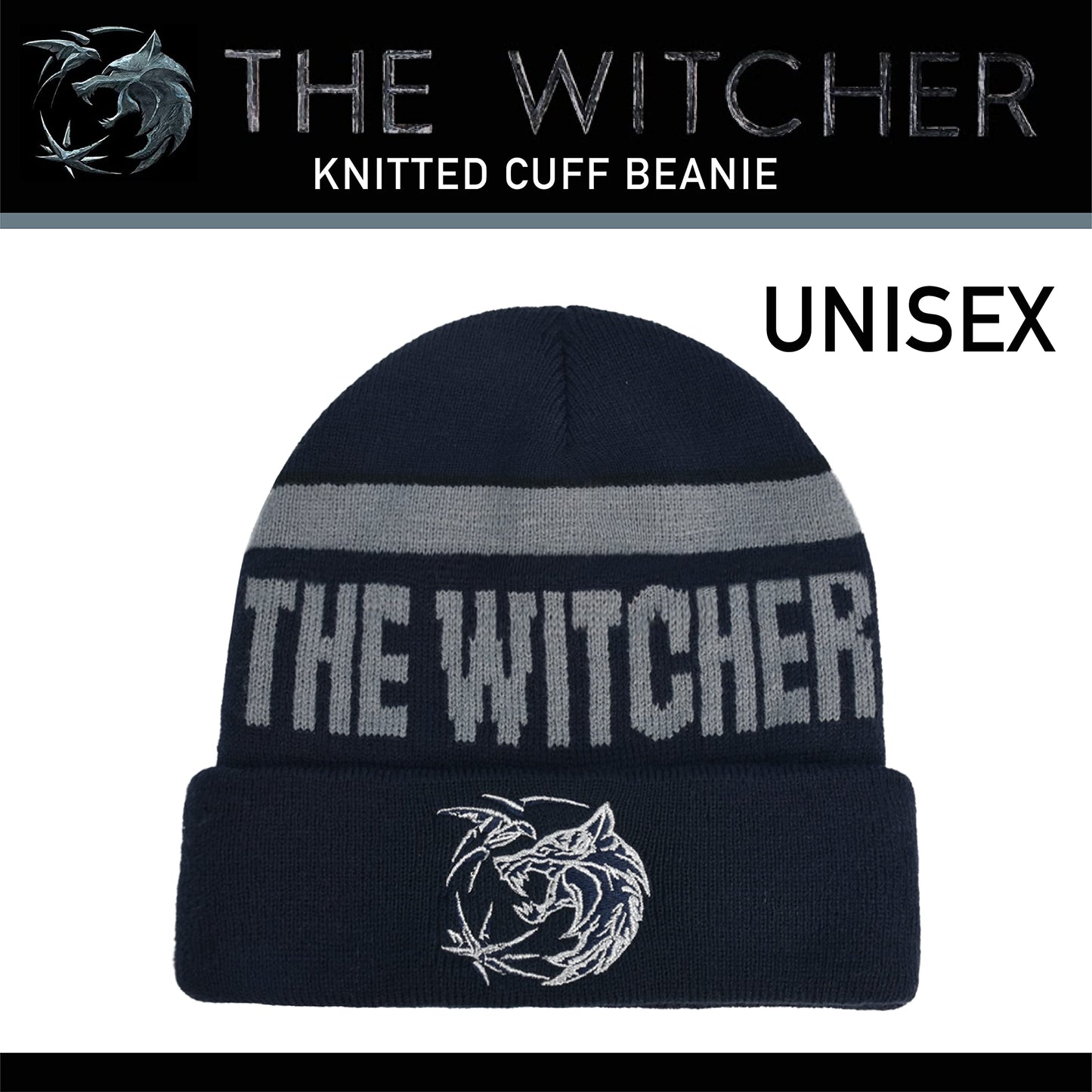 Netflix The Witcher Knitted Cuff Beanie Hat with Silver Logo, Black, One Size