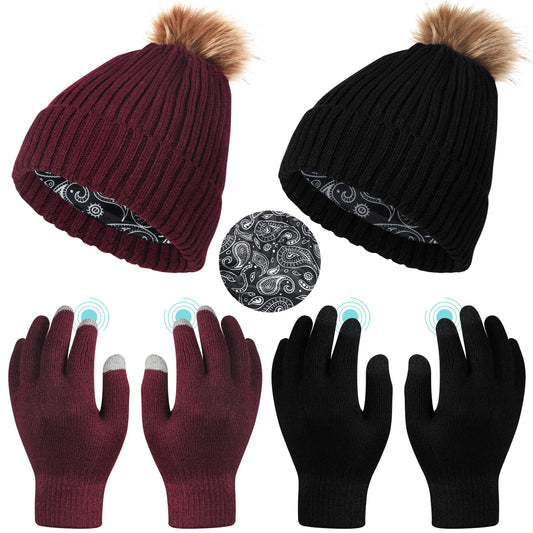Sintege 4 Pieces Womens Satin Lined Beanie Hat Gloves Set Knit Slouchy Winter Hats Skull Cap Warm Touchscreen Gloves Set (Black, Purple, Pom Pom Style)