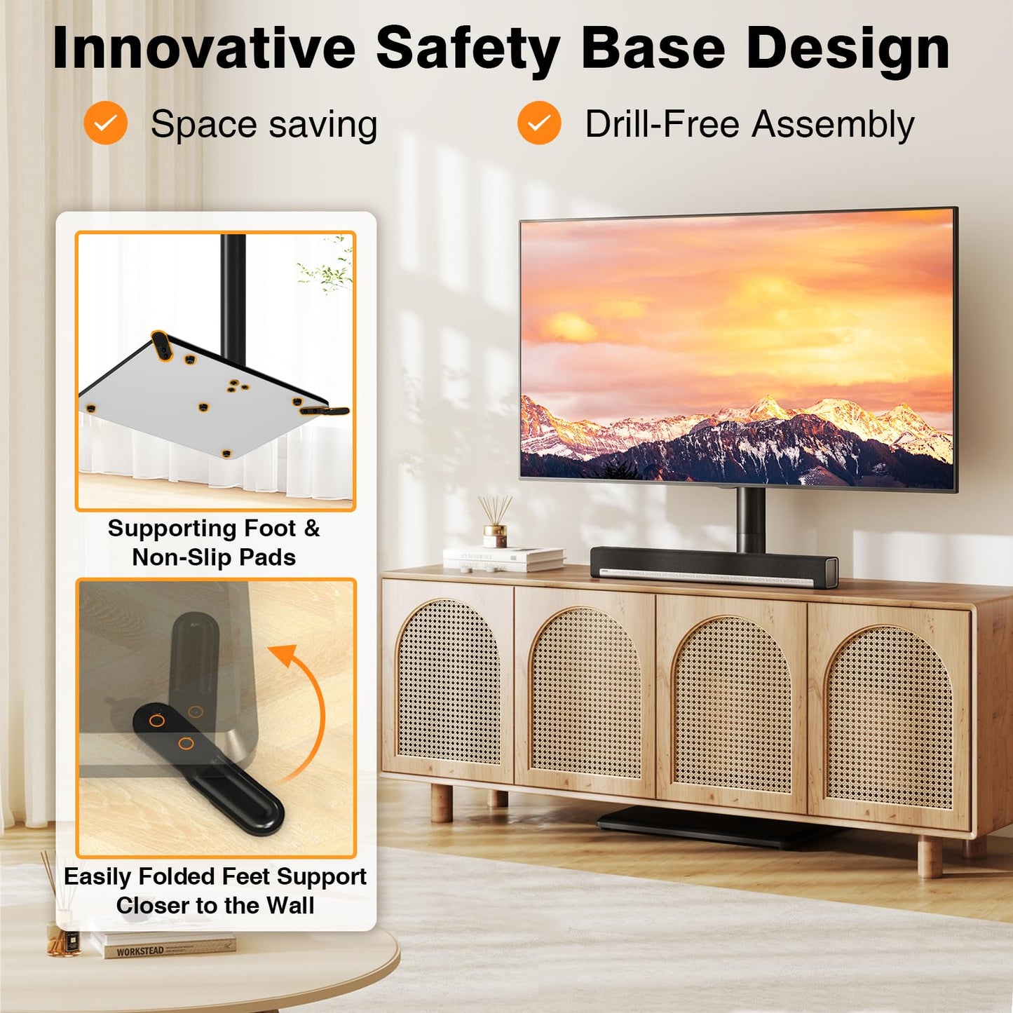 TVON Swivel Floor TV Stand with Mount for Most 32-60 Inch TVs up to 88 lbs, Height Adjustable TV Floor Stand Mount with Wood Base, Tall TV Stand for Bedroom, Corner & Living Room, Max VESA 400x400mm