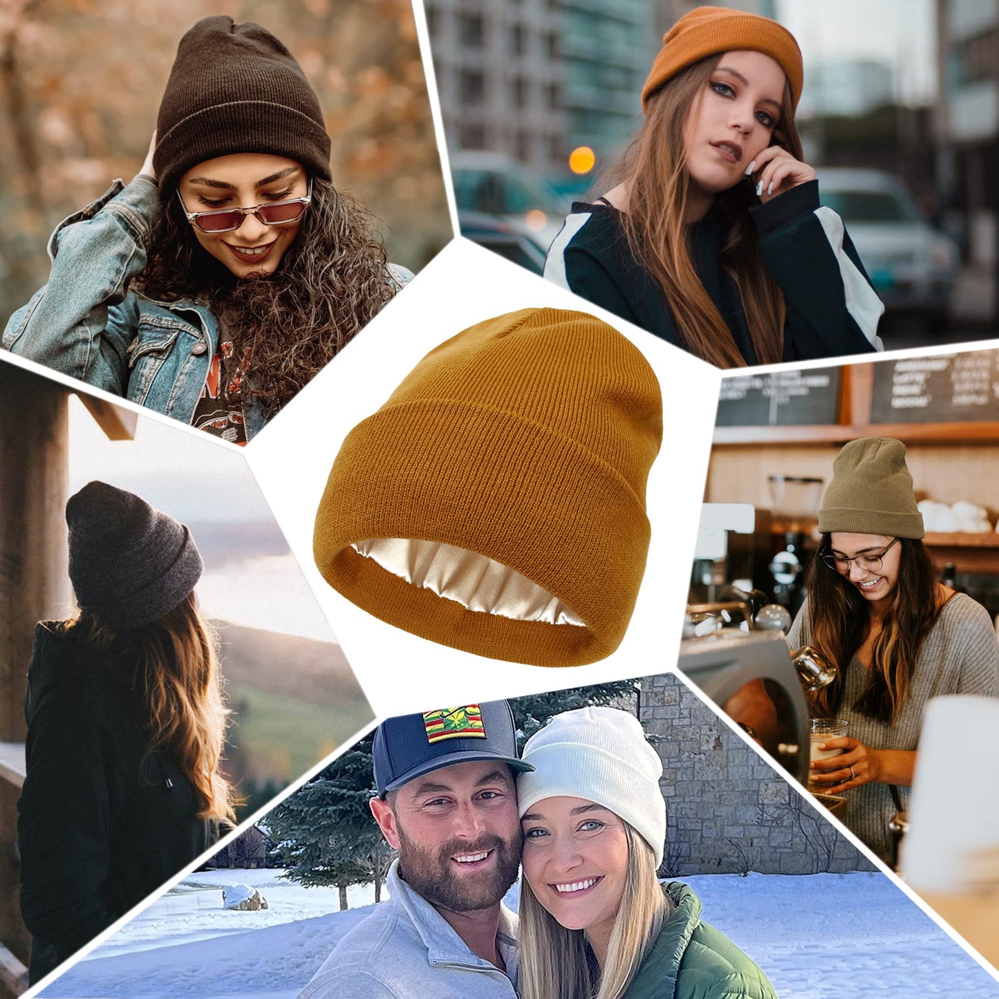 Mukeyo Womens Satin Lined Knit Beanie Hat Winter Warm Cuffed Knitted Silk Lining Hat Soft Cable Skull Cap Caramel