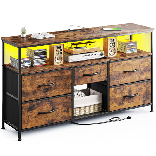 TV Stand Dresser with LED Lights & Power Outlets, Entertainment Center for 50" Inch TV, 5 Drawers TV Stand for Bedroom Dresser with Shelves for Living Room, Sturdy Metal Frame, Rustic Brown