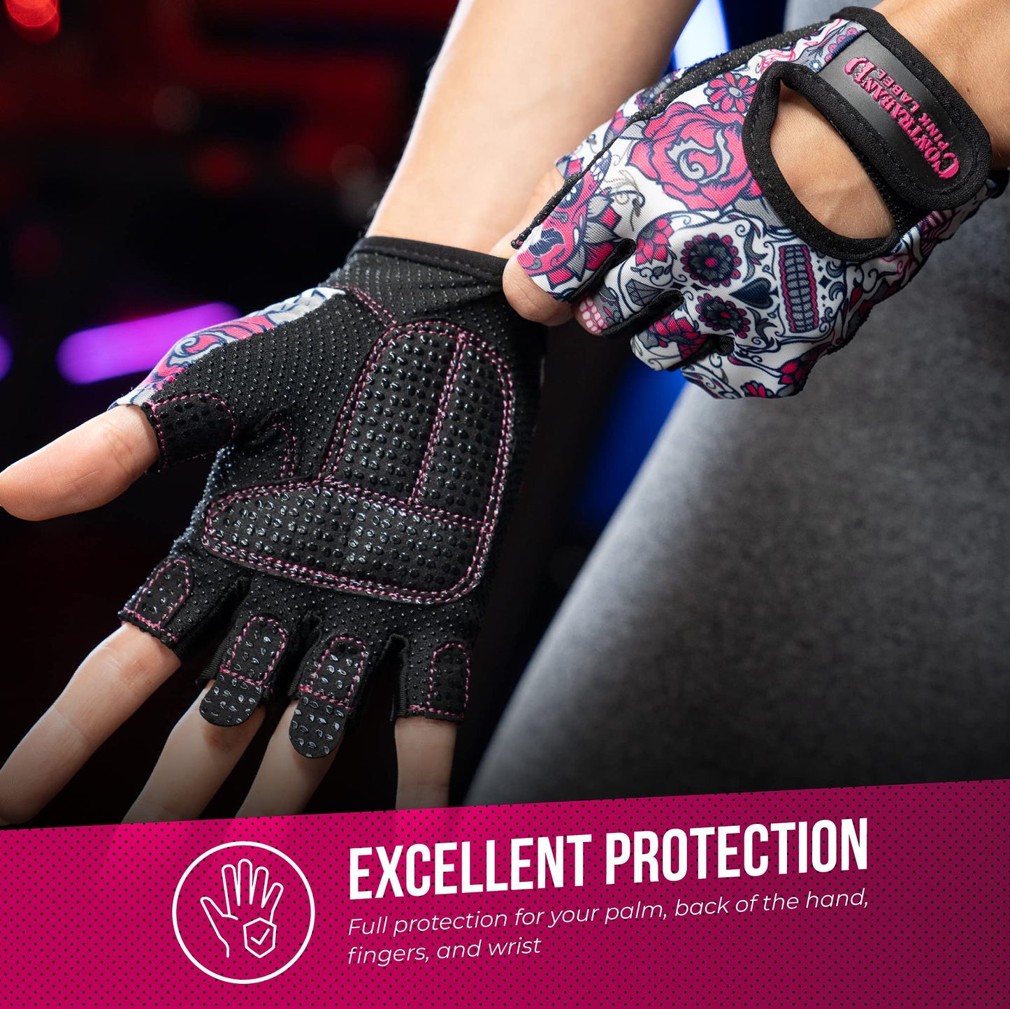 Contraband Pink Label 5237 Womens Designer Workout Gloves | Sugar Skull Print w/Grip-Lock™ Padding (Pink, X-Small)
