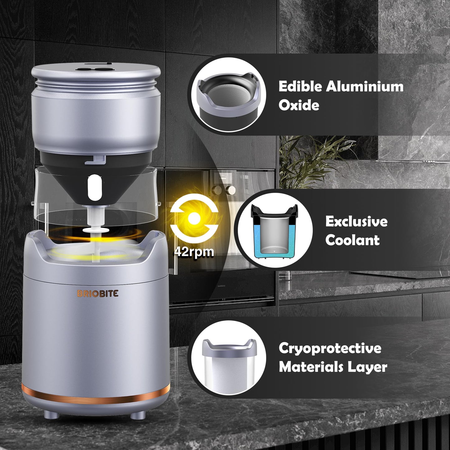 BRIOBITE Ice Cream Maker Machine – Premium Electric Mini Maker Machine with Low-Noise Operation, Rechargeable,Perfect for Gelato, Sorbet & Frozen Yogurt, Easy to Clean,Silver