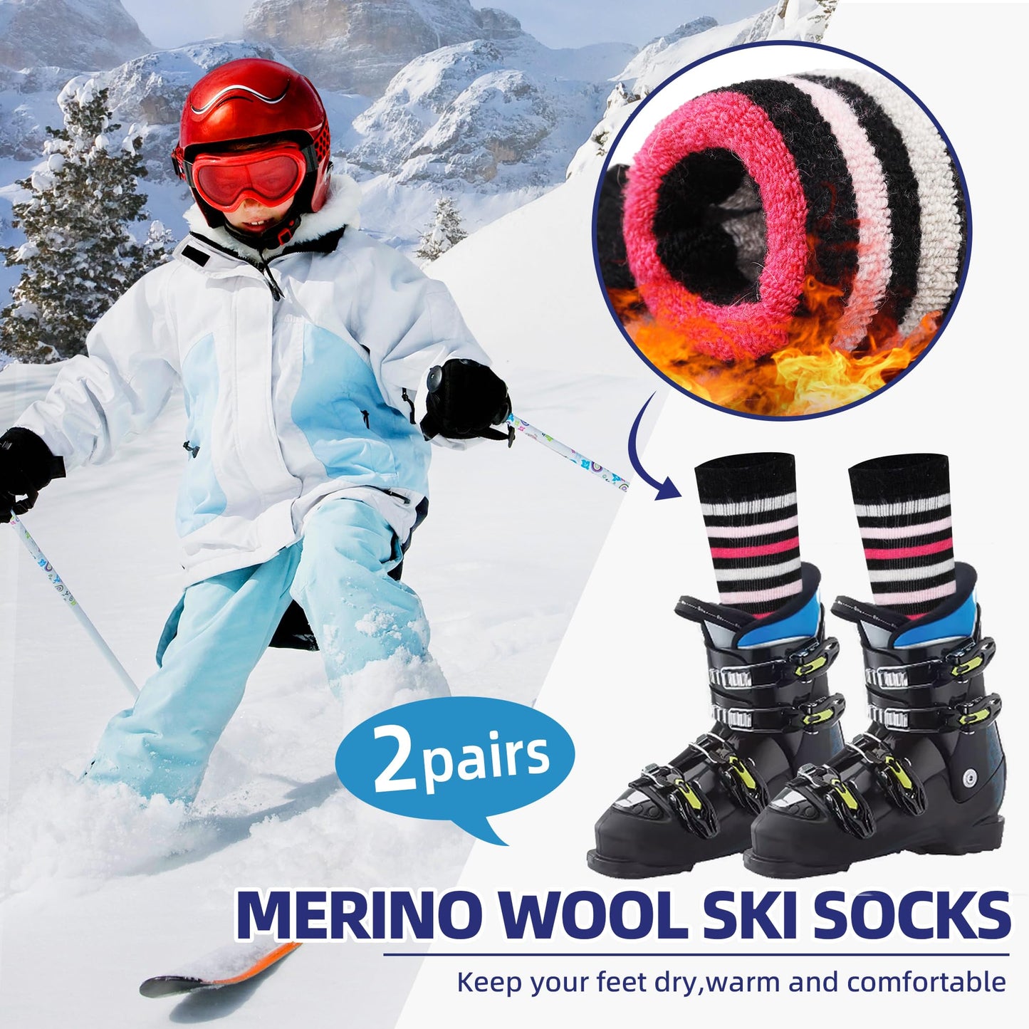 Kids Ski Socks Merino Wool Winter Warm Thermal Hiking Snowboarding Knee High Heavy Boot Socks for Toddler Boys Girls 2 Pairs(Stripe-02, 8-12 Years)
