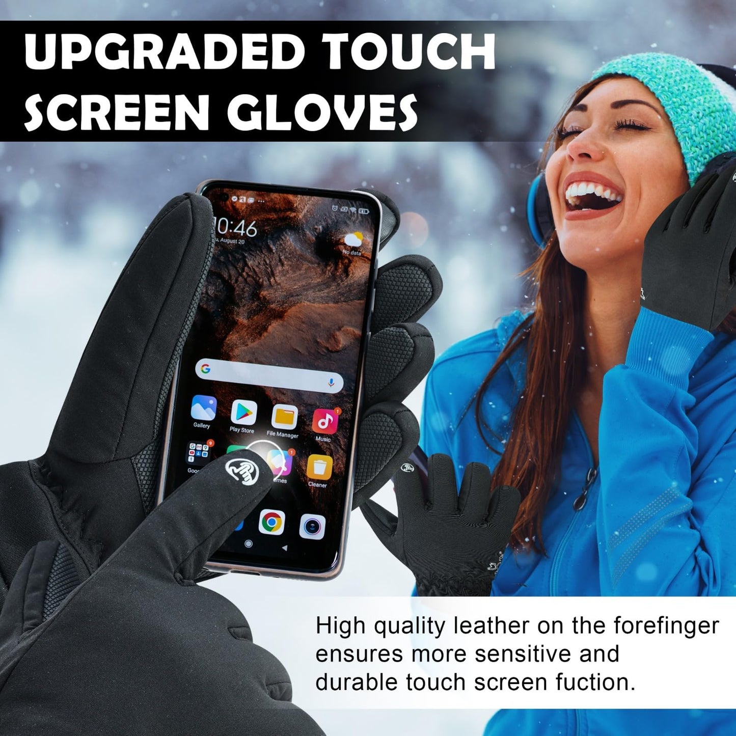 WESTWOOD FOX Waterproof Winter Gloves for Men & Women,Windproof, Warm Ski Gloves, Touchscreen, Anti-Slip Grip Gloves for Cycling, Snowboarding, Hiking, Running, Driving and Outdoor Sports (Black, L)