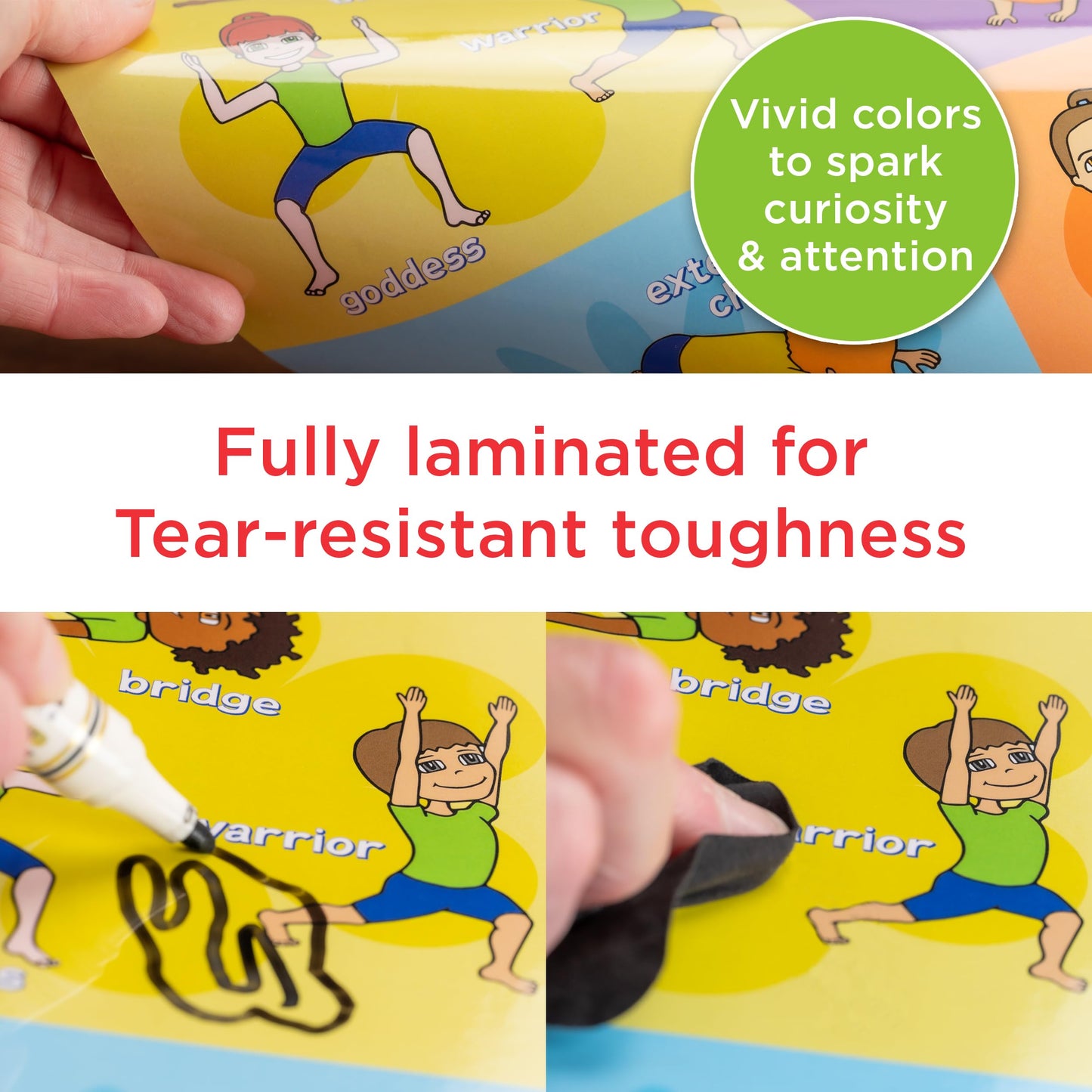 Covelico Kids Yoga Poses Poster and Exercise PE Posters - Set of 2 x A3 Laminated Physical Therapy Posters. Vibrant Physical Education Classroom Decor and Essential PE Teacher Supplies for PE Class.