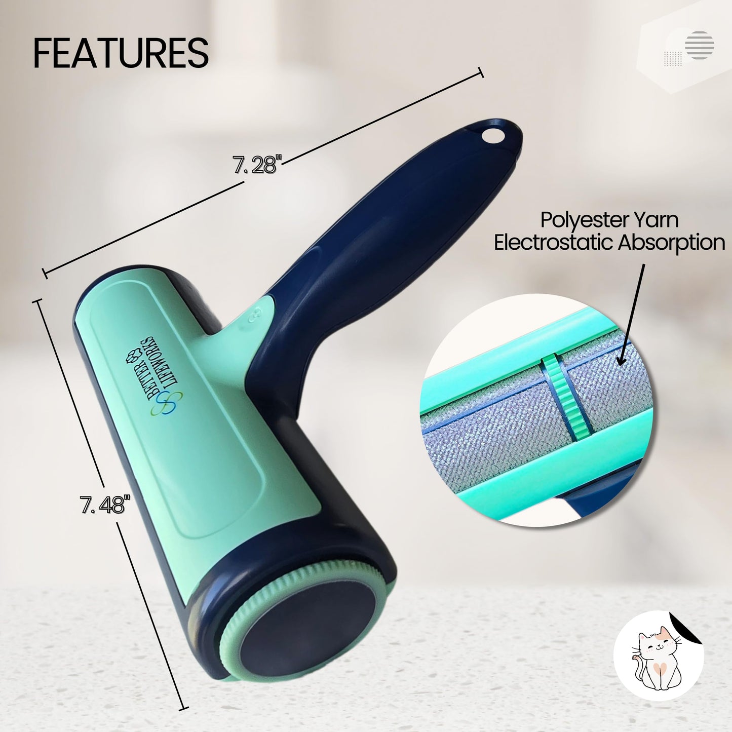Better Lifeworks Reusable Pet Hair Remover-Lint Roller for Couch, Furniture, Carpet, Clothing and Bedding, Eco-Friendly Cat and Dog Hair Remover, Portable Pet Hair Removal Tool in Mint Green