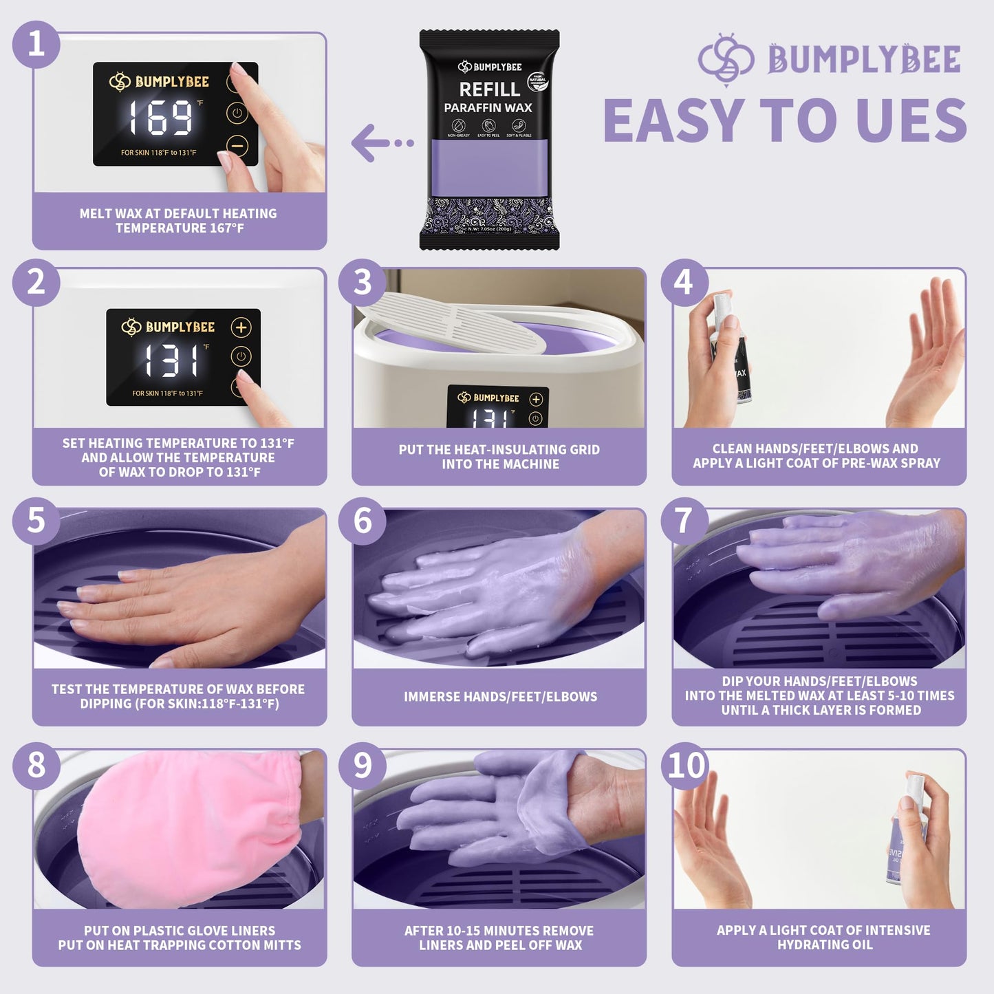BUMPLYBEE Paraffin Wax Kit - 10 Packs Lavender Paraffin Wax Refills with Silicone Brush - Paraffin Wax for Hand and Feet Refill, Paraffin Wax for Hands, Skin Moisturizing, Non-Greasy, Easy-Peeling