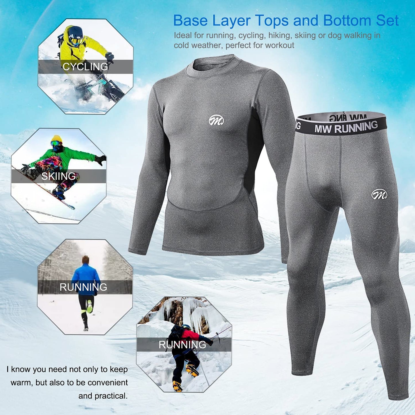 MeetHoo Men’s Thermal Underwear Set, Compression Base Layer Sports Long Johns Fleece Lined Winter Gear Running Skiing Grey