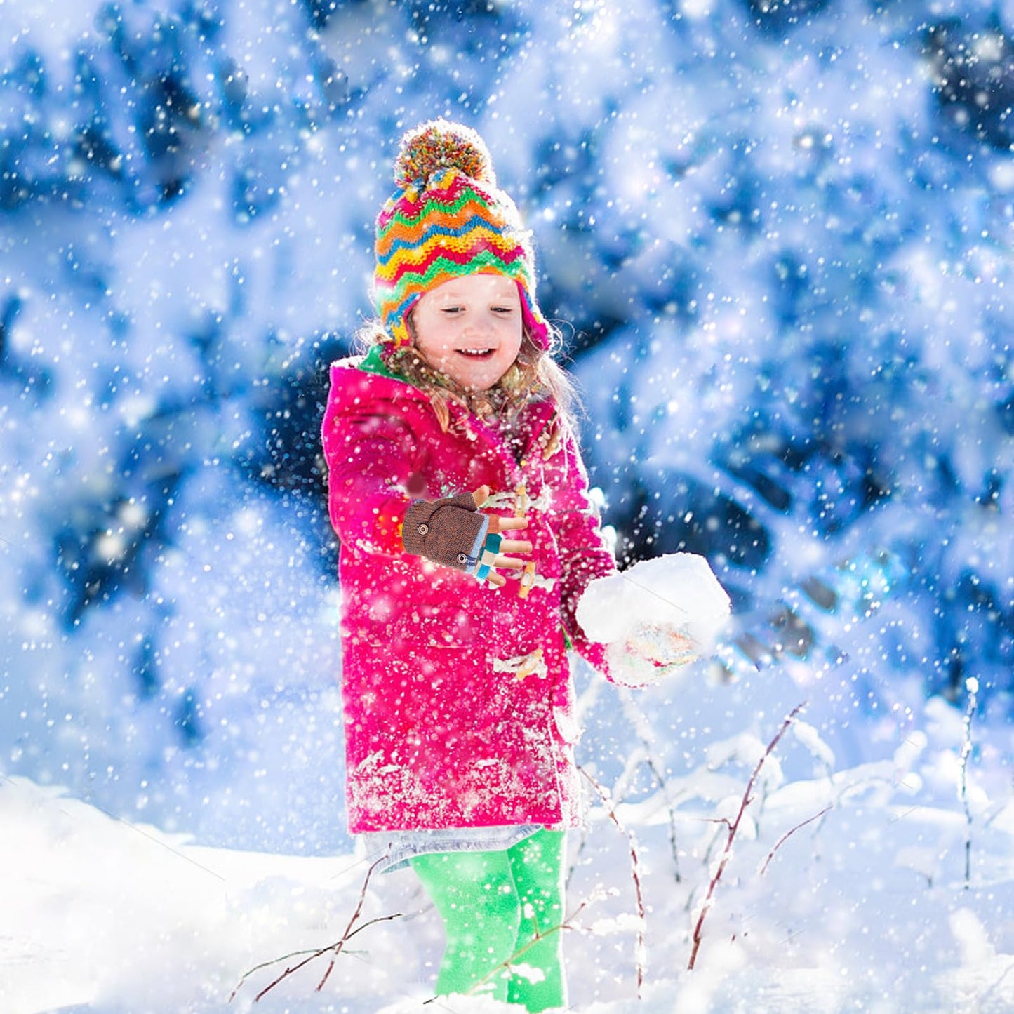 Kids Winter Gloves, Warm Knitted Convertible Fingerless Gloves for Baby Boy Girl with Mittens Cover Cap