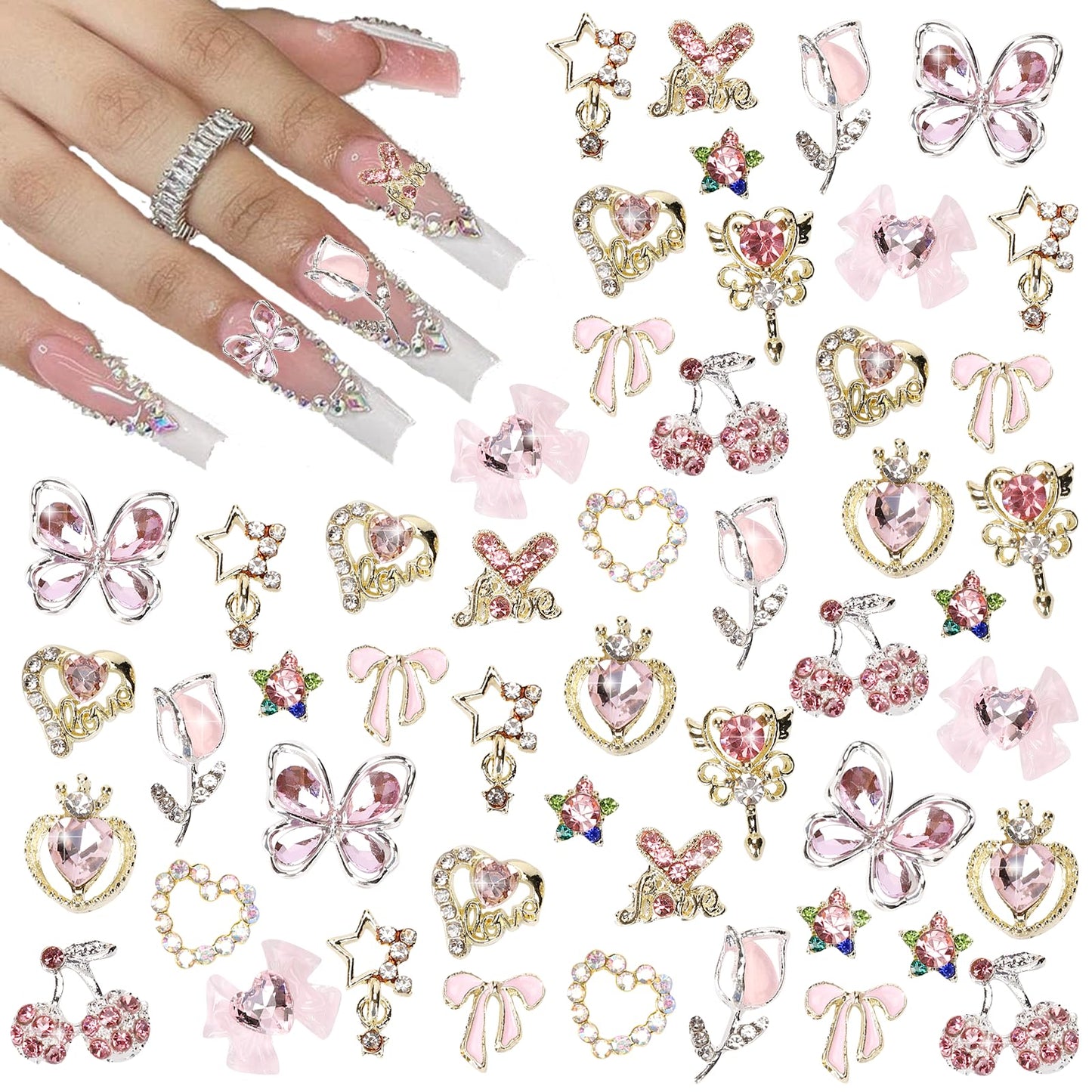 CUBLIVE 24PCS Nail Charms Y2k Alloy Nail Art Rhinestone Charms 3D Heart Star Bow with Rhinestones Cherry Nail Gems Shiny Jewelry Nail Decorations Accessories Supplies (AD24)