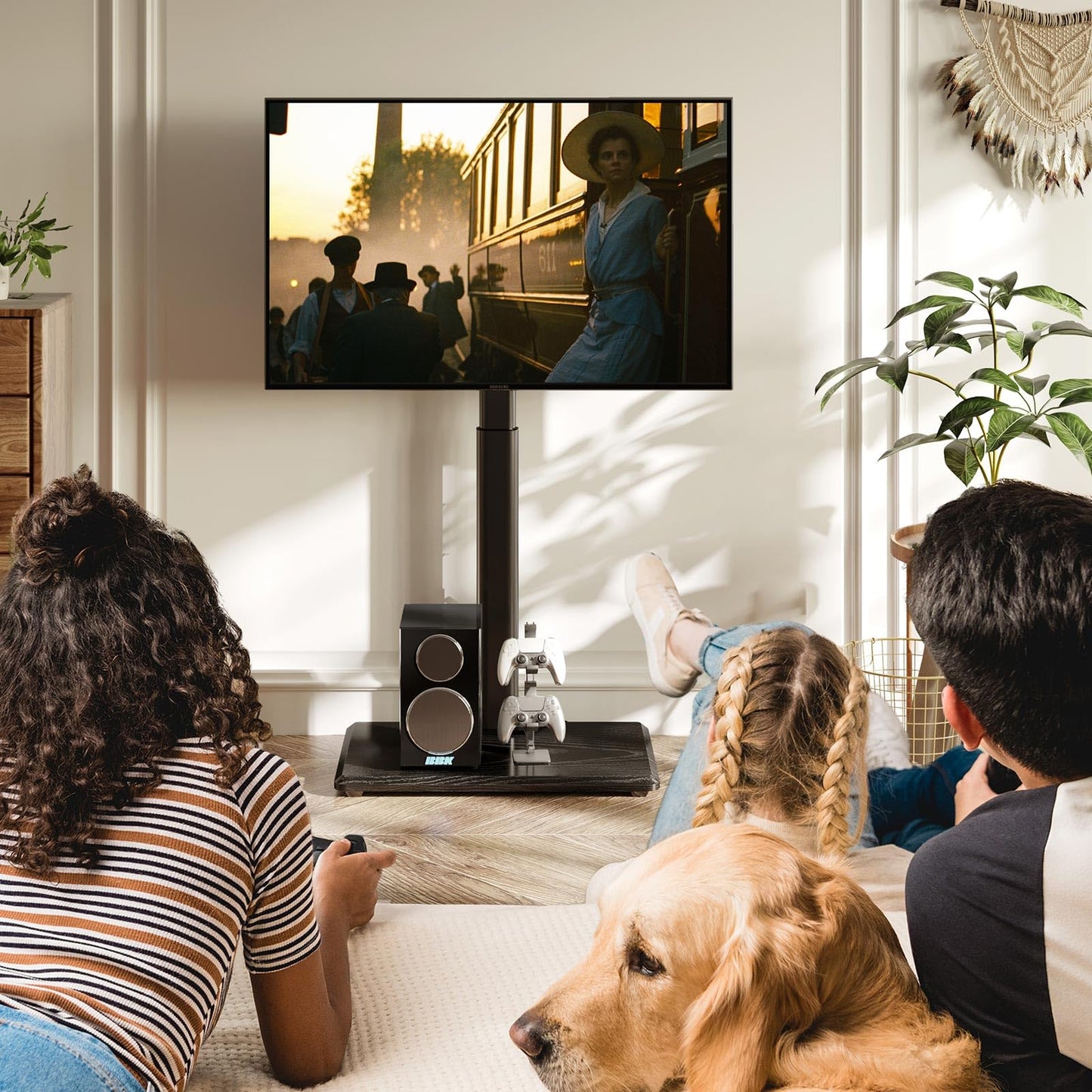 Greenstell TV Stand with Power Outlet, Universal Floor TV Stand for 32-75 inch TVs, Height Adjustable, Swivel Tall TV Mount Stand with Wood Base, Holds up to 110 LBs, Max VESA 600x400mm