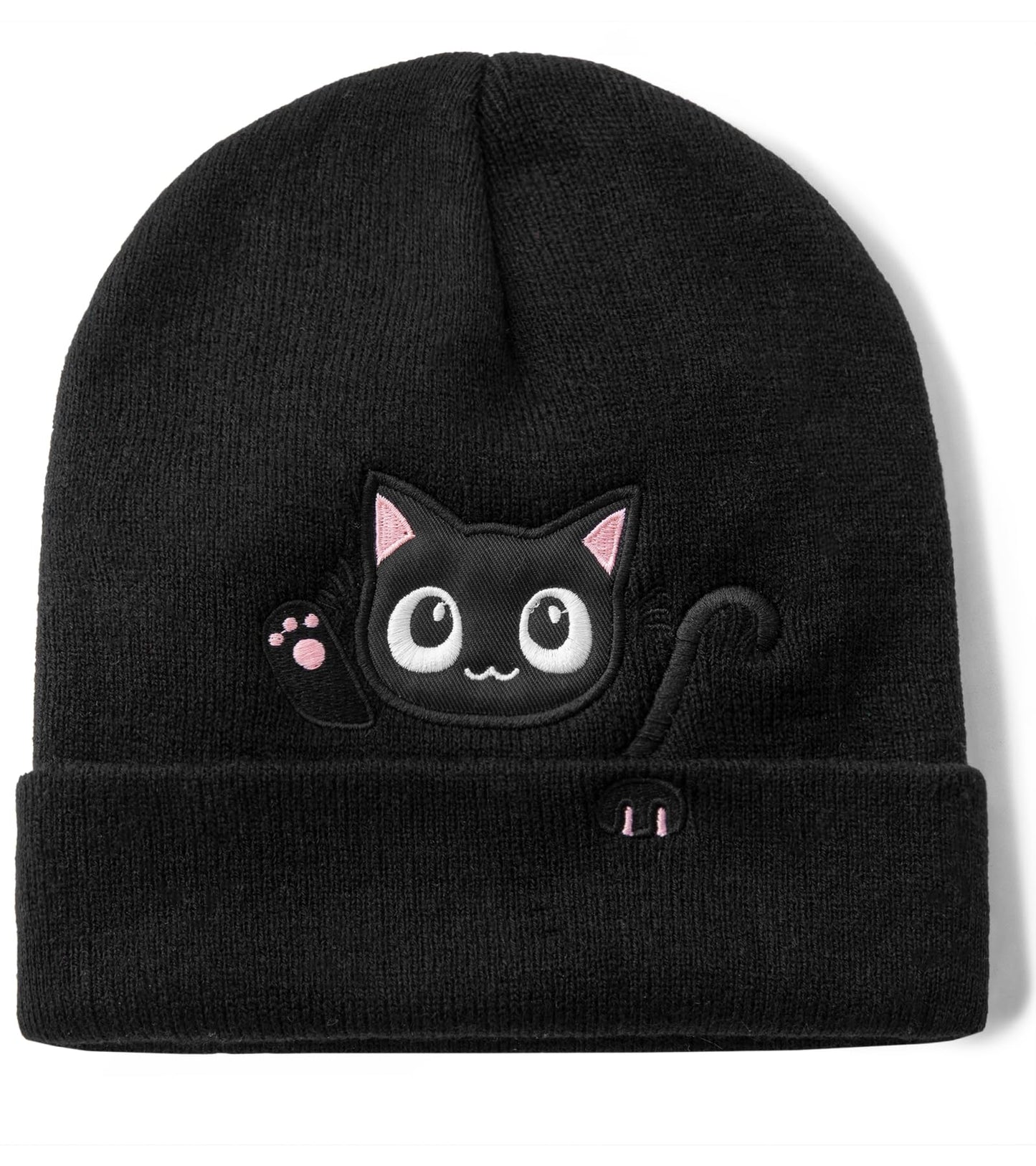 Cat Beanie Hats for Women Cute Cat Lovers Gifts Women's Winter Animal Knitted Hats for Girls (US, Alpha, One Size, Black)