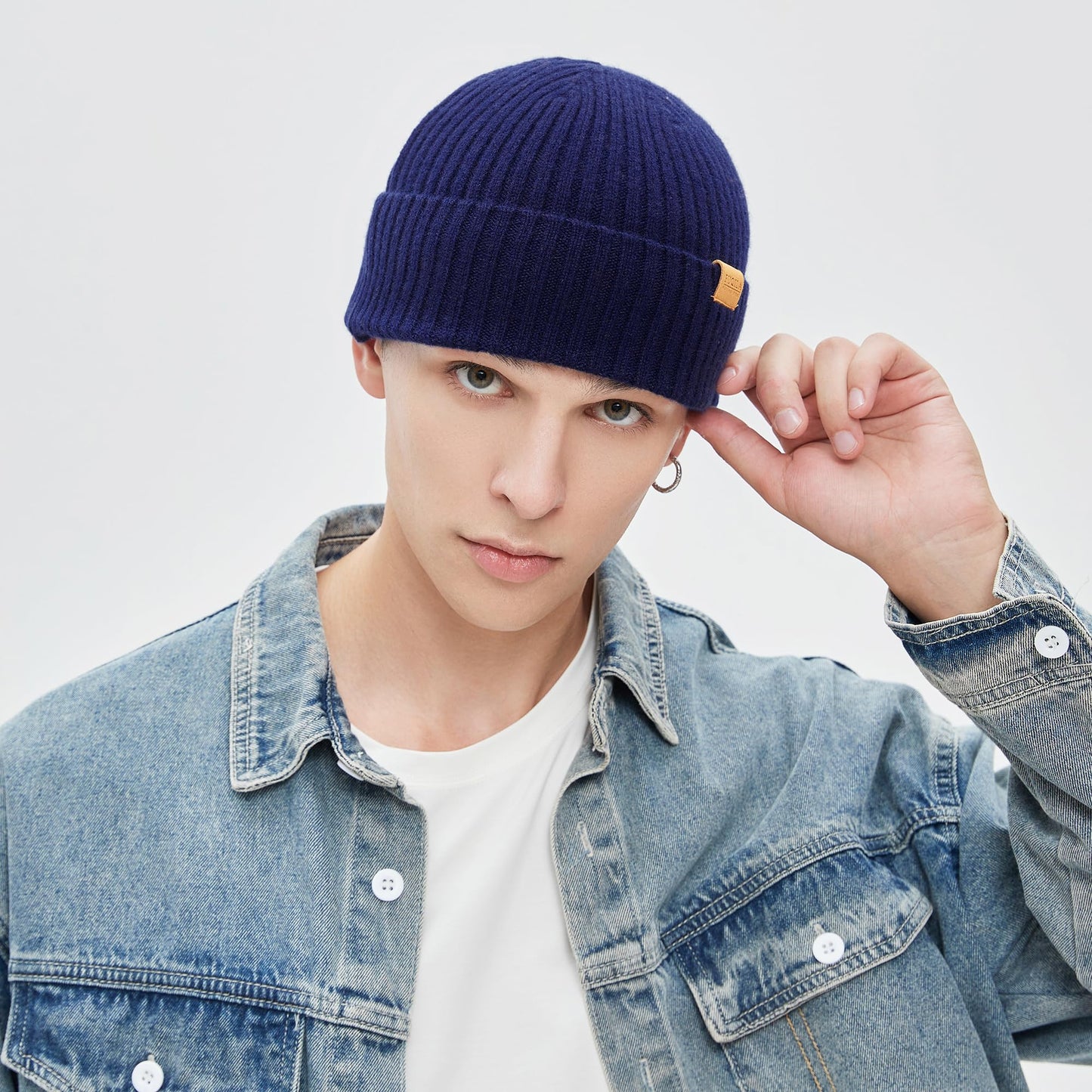 FUQILA 100% Merino Wool Fisherman Beanie Hat, Unisex Warm Winter Hats, Soft Breathable & Cozy Stretchy Knitted Short Cuffed Cap (Dark Blue)