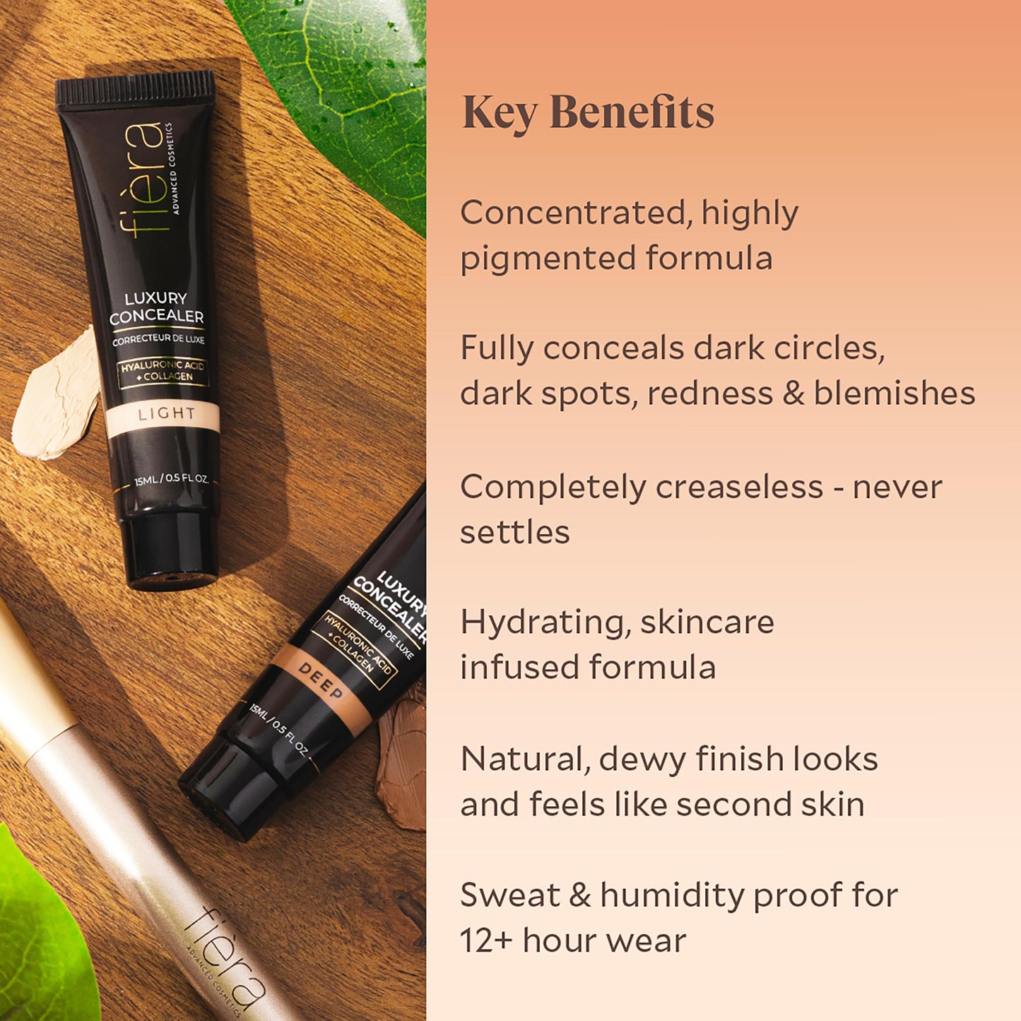 Fièra Luxury Concealer & Foundation with Anti-Aging Ingredients - Full Coverage for Dark Circles, Wrinkles, Fine Lines, and Spots, All-Day Wear For Mature Skin - Caramel, 0.5 FL. OZ. / 15 ML