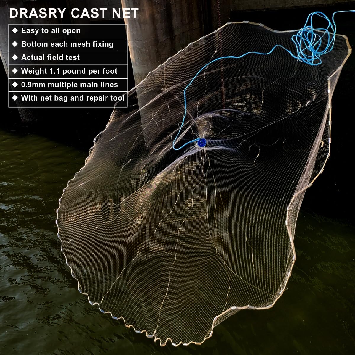 Drasry Saltwater American Fishing Cast Net 3/8inch Mesh Size for Bait Shrimp Trap Fish Heavy Duty Sinkers Throw Net 3FT to 12FT Radius 3FT Radius