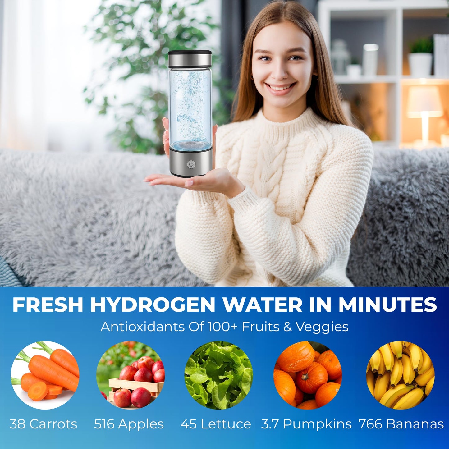 FRAVI Hydrogen Water Bottle - Portable Molecular Hydrogen Bottle with SPE PEM Technology - Glass Ionized Water Maker for Hydration, Energy, Antioxidants - Ideal for Travel, Gym and Daily Use