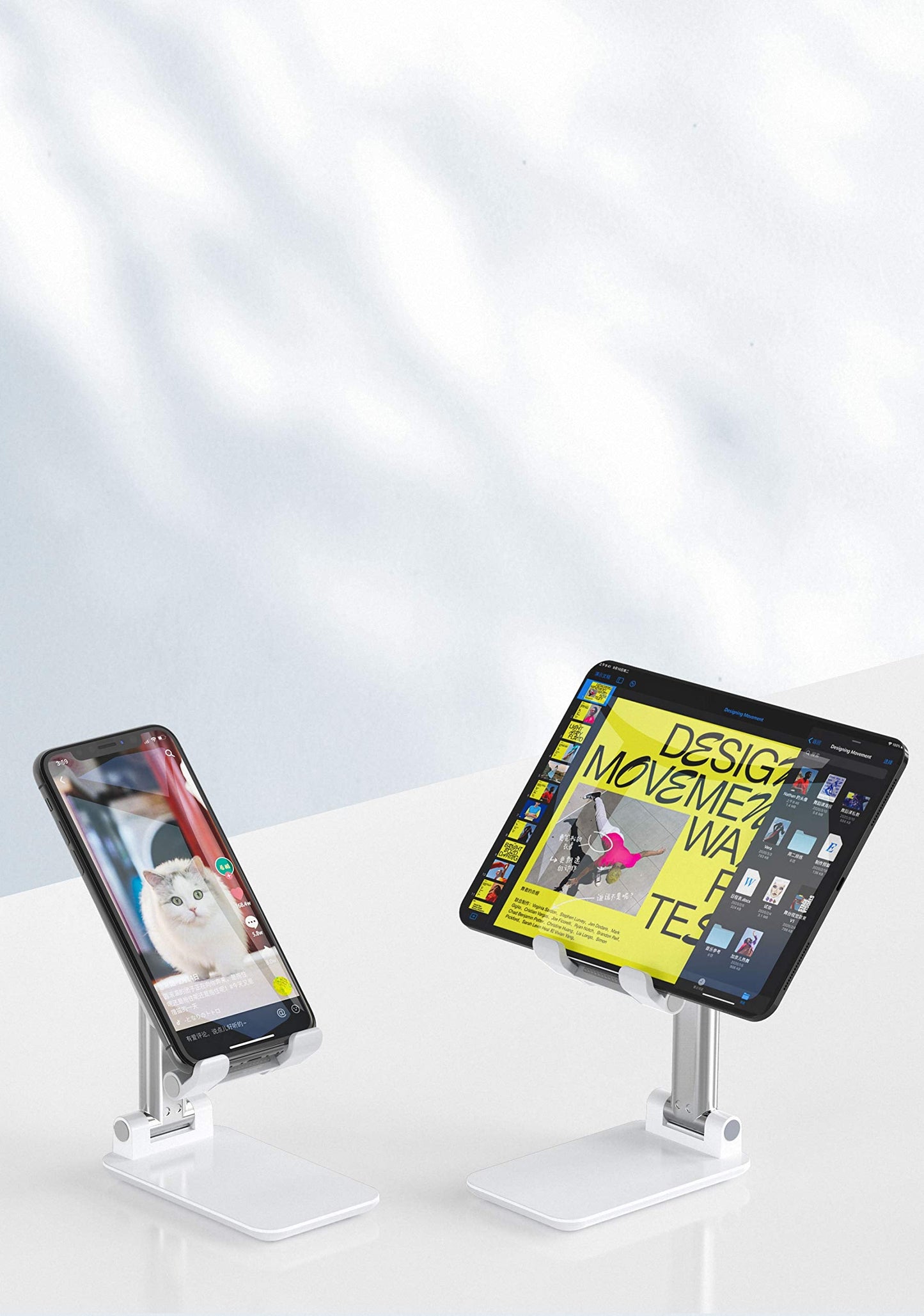 Adjustable Cell Phone Stands for Desk, Aluminum Folding Phone Holder with Stable Base and Charging Port for 4-12.9 Inches Smart Phone, Tablet (White)