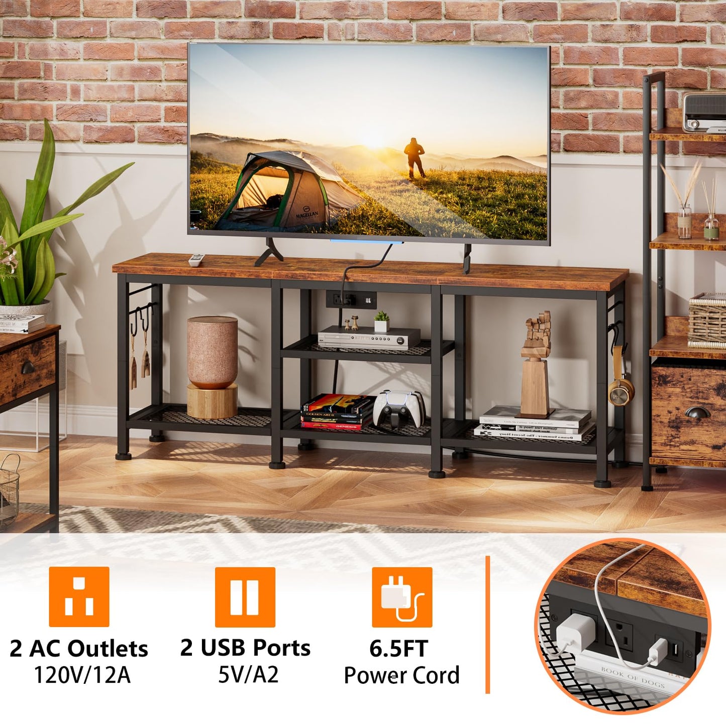Furologee TV Stand with Power Outlets, Entertainment Center with Open Storage Shelves for TVs up to 55 Inch, Media Console Table with Soundbar Shelf for Living Room, Bedroom, Rustic Brown