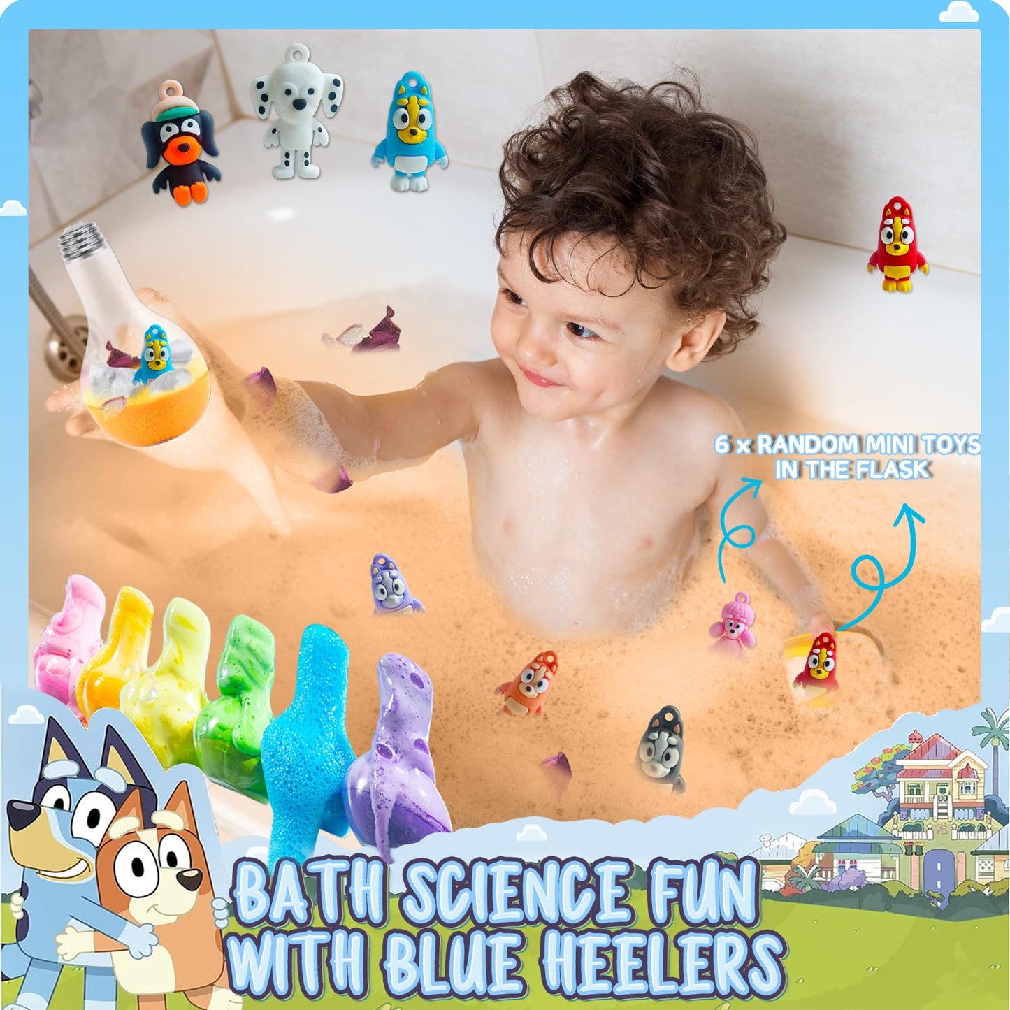 Bath Bombs Potions: Blue Heeler Bath Bombs for Kids, Kids Bath Bombs with Toys Inside for Dry Skin Moisturize, Kids Bath Toys & Scientific Toys, Dried Rose Petals with Eruption of Foams, Kid Gift Set