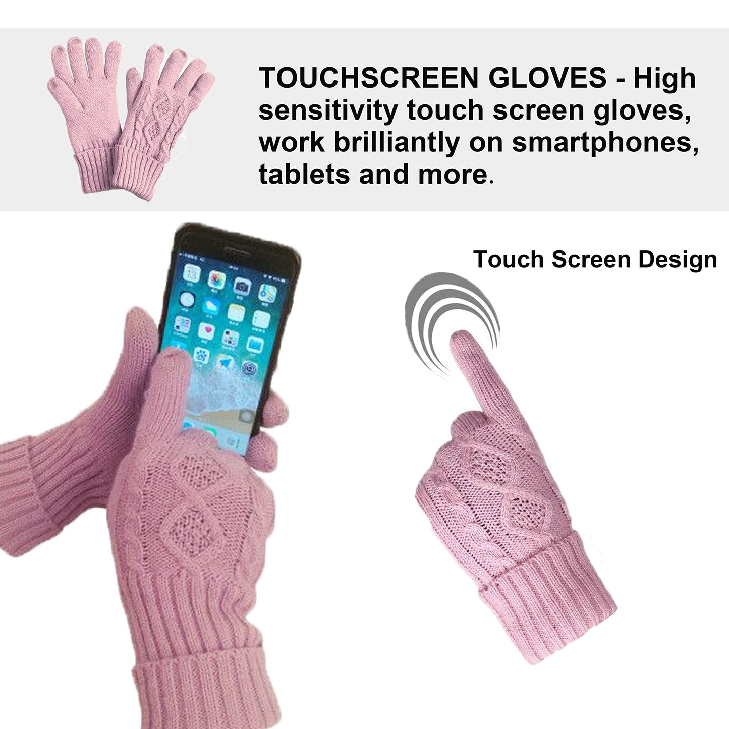 Winter Hat Gloves Scarf Set for Women, Cable Knit Beanie Pom Cap Touch Screen Glove Long Scarf 3PCS Winter Gift for Women Men