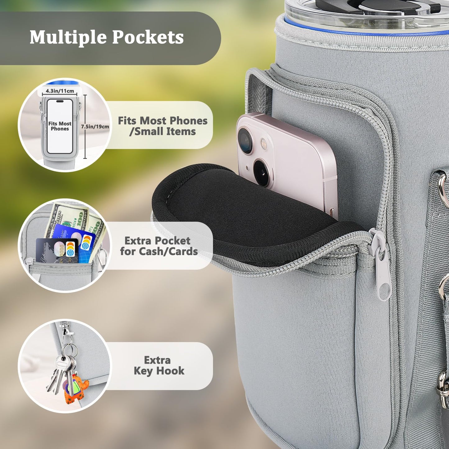 Water Bottle Carrier Bag with Phone Pocket Compatible with Stanley/Meoky 40 oz Tumbler with Handle,Neoprene Water Bottle Holder Pouch with Adjustable Strap Compatible with Stanley Cup Accessories