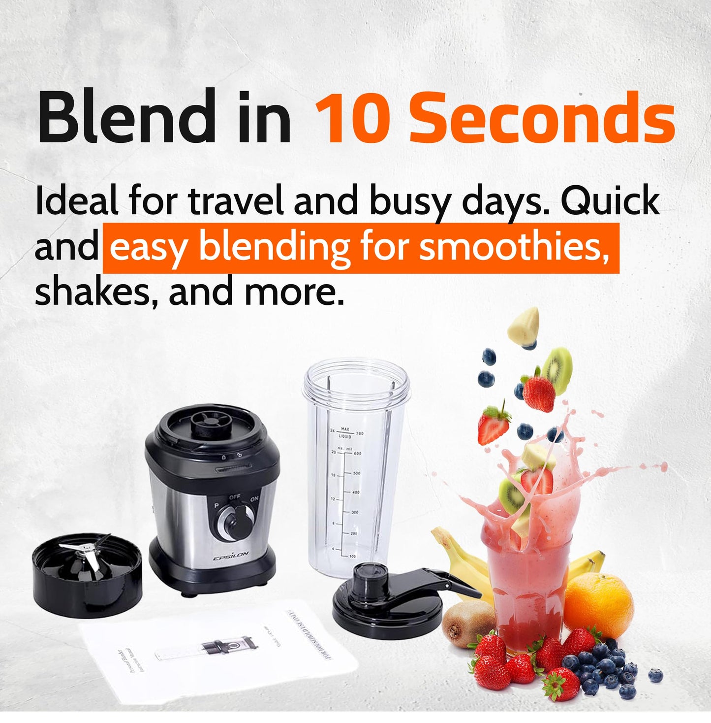 Epsilon Portable blender for Shakes and Smoothies – 400W Personal Blender with 24oz Portable Bottle, Electric Personal Blender Bottle with 4-Blade Assembly, Travel-Friendly and BPA-Free