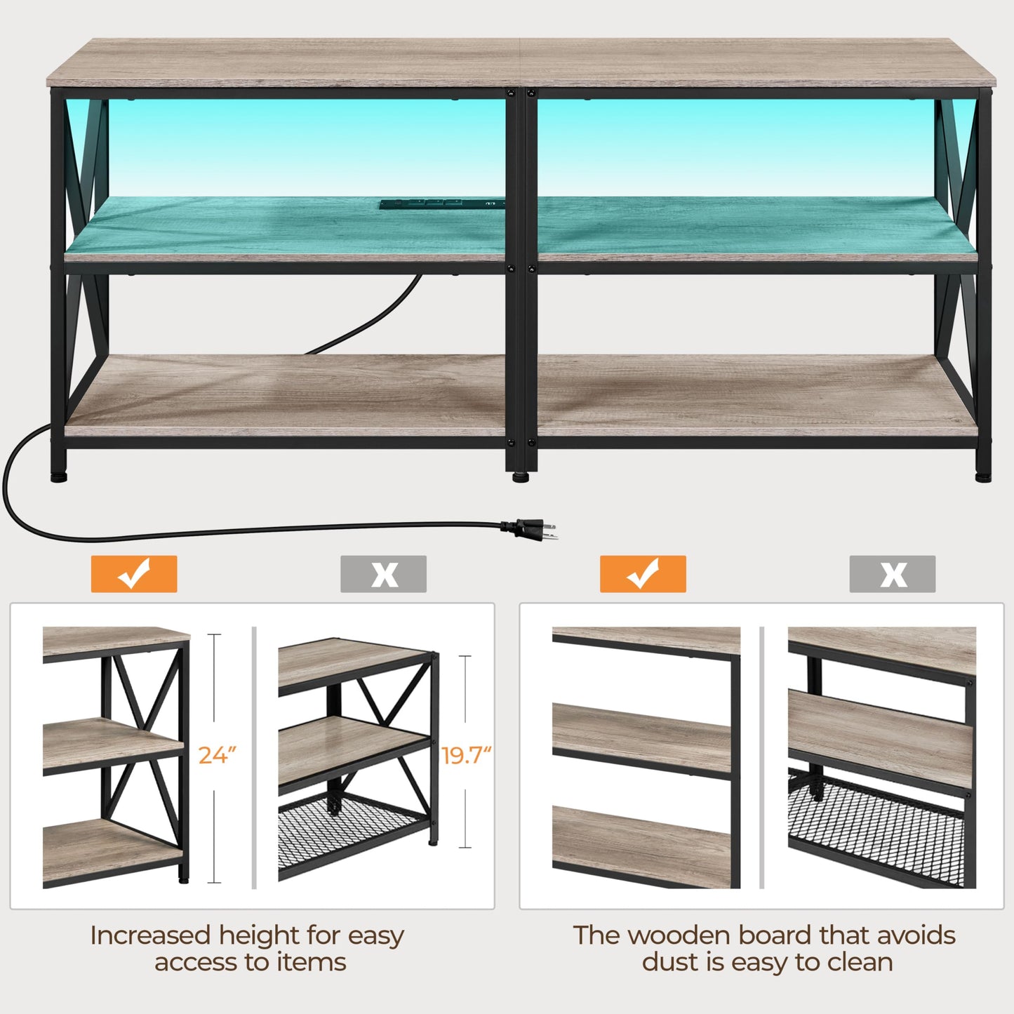 Yaheetech TV Stand with Power Outlet, Industrial Entertainment Center with LED Lights for 65 Inch TV, 3 Tiers Tv Console with Charging Station for Living Room, Media Console with Shelves, Gray
