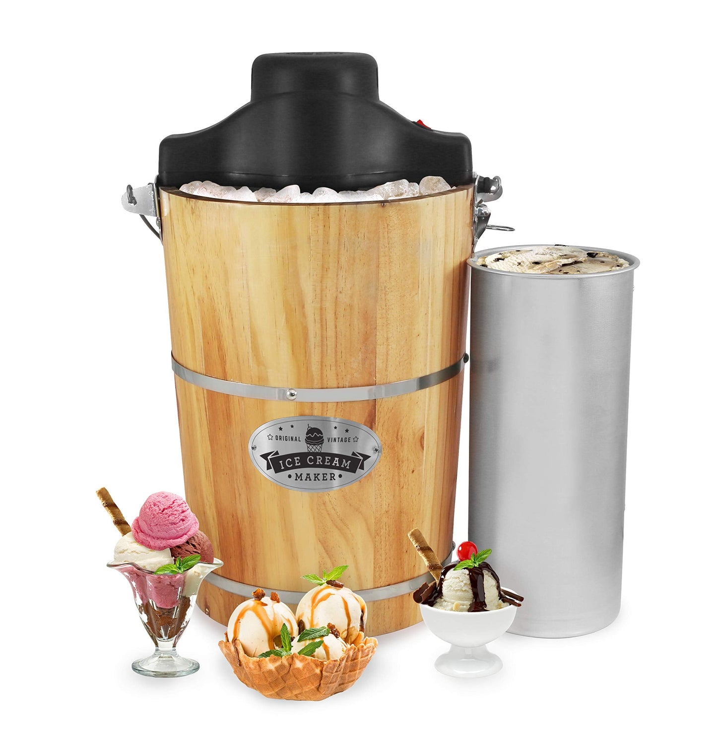 Elite Gourmet EIM916 Old Fashioned 6 Quart Vintage Wood Bucket Electric Ice Cream Maker Machine Appalachian, Bonus Classic Die-Cast Hand Crank for Churning, Uses Ice and Rock Salt