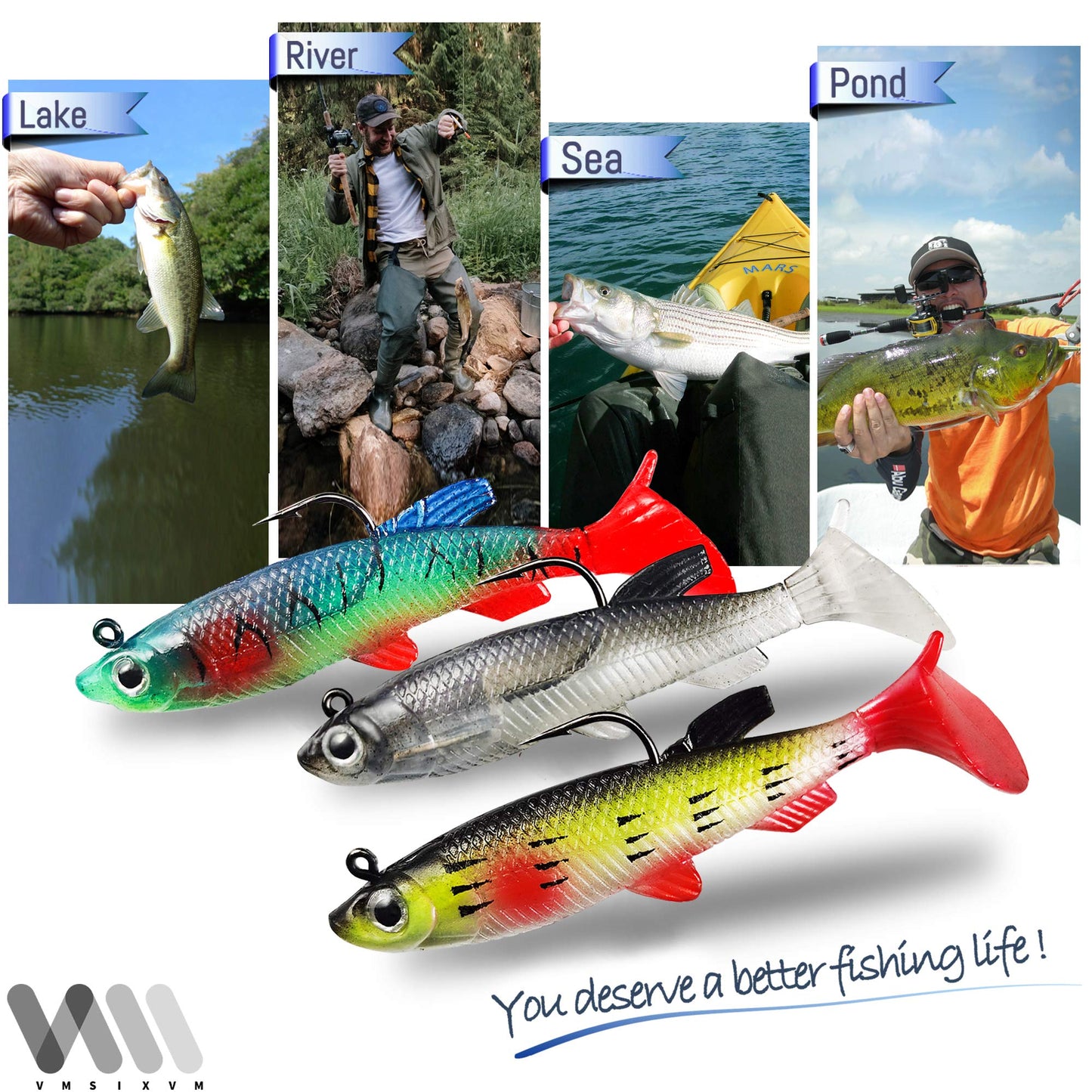 Fishing Lures for Bass, VMSIXVM Fishing Jig Head Swim Shad Lure, Soft Plastic Swimbaits with Paddle Tail, Trout Bass Sinking Baits Kit for Saltwater/Freshwater, Fishing Gear and Fishing Gifts