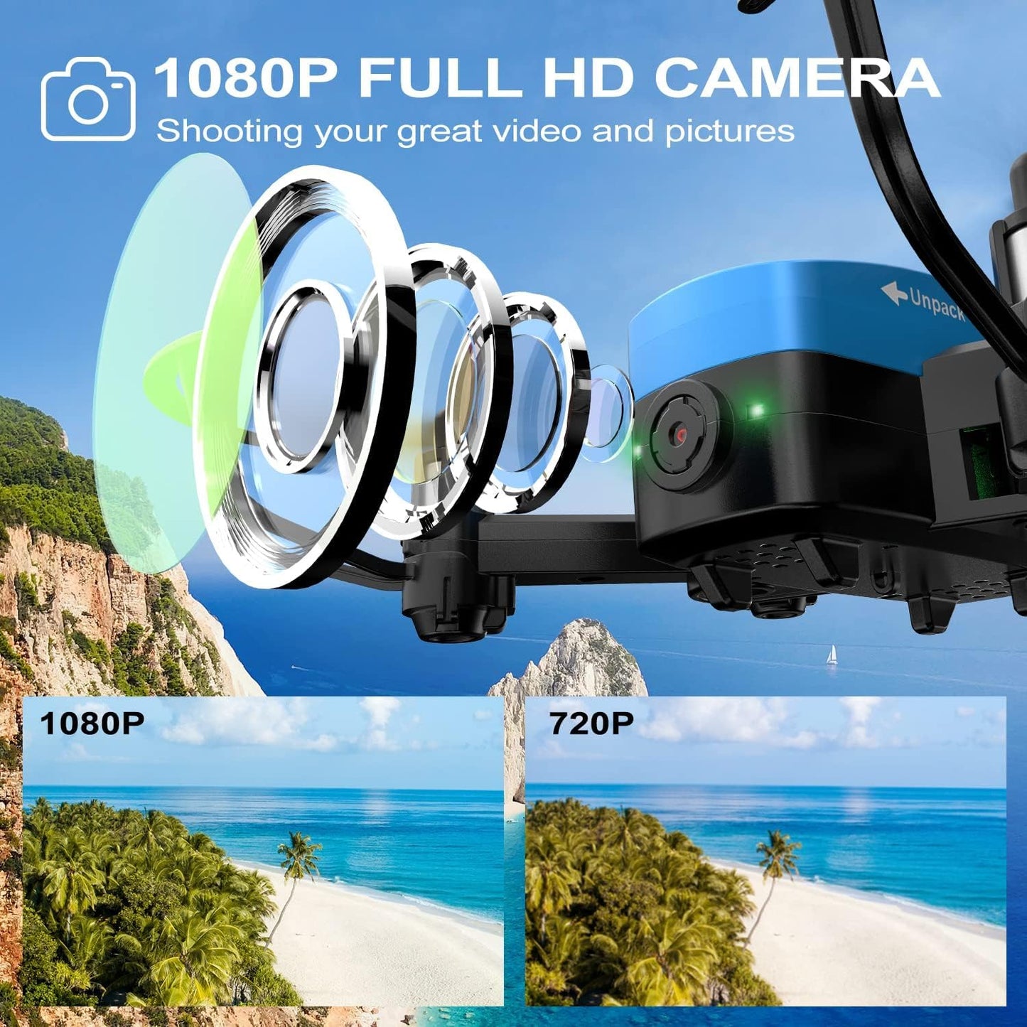 W Mini Drone with Camera for Kids and Adults, 1080p FPV Drones Toys for Ages 8-13, Pocket RC Quadcopter with Foldable Wings, Altitude Hold, Headless Mode, 3D Flips, Voice Gesture Control, Remote Control Drone, 2 Batteries