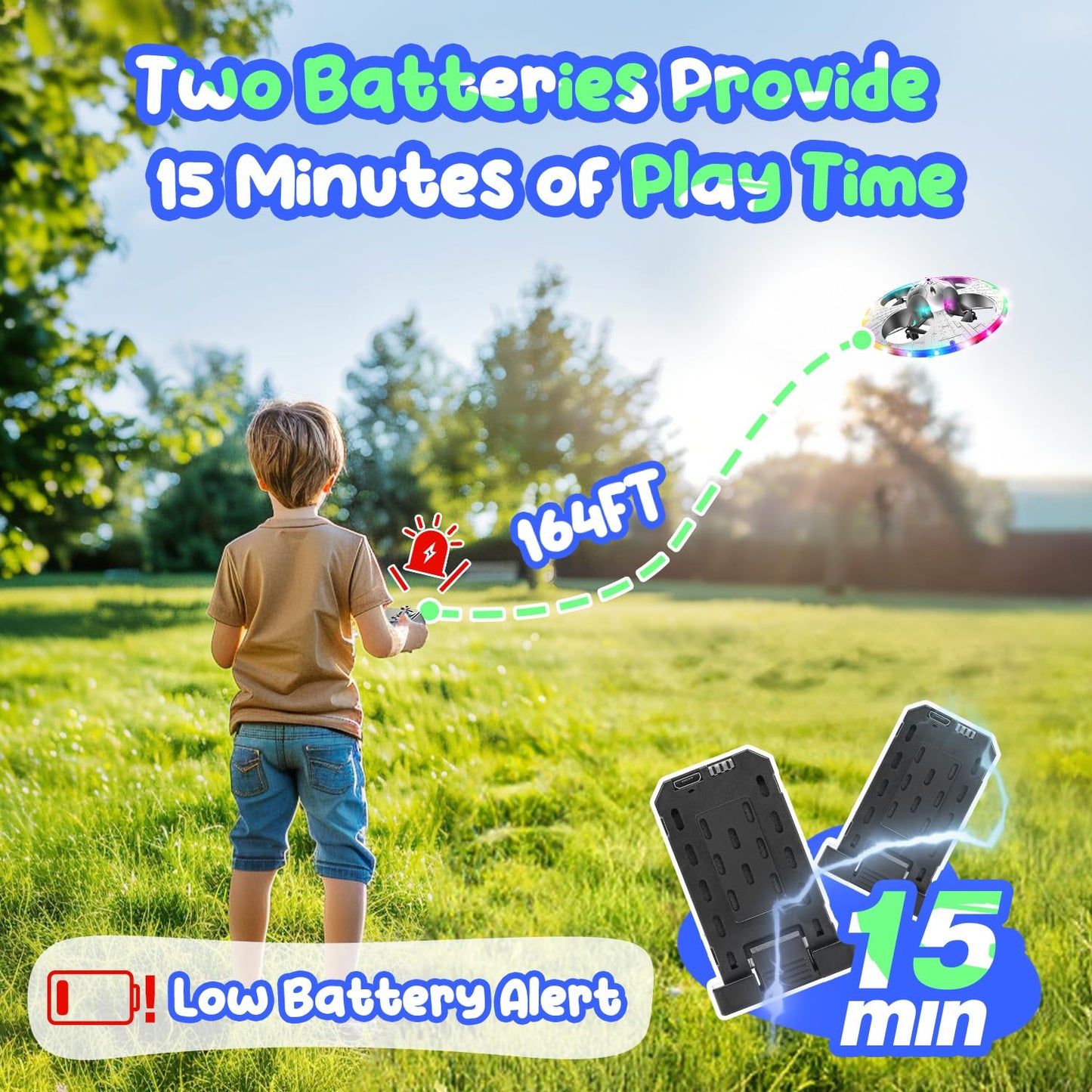 Foam UFO Drone for Kids–RC Plane with Colorful LED Lights, Remote Control Helicopter with Auto Hover, 2 Batteries (15 Mins Flight)