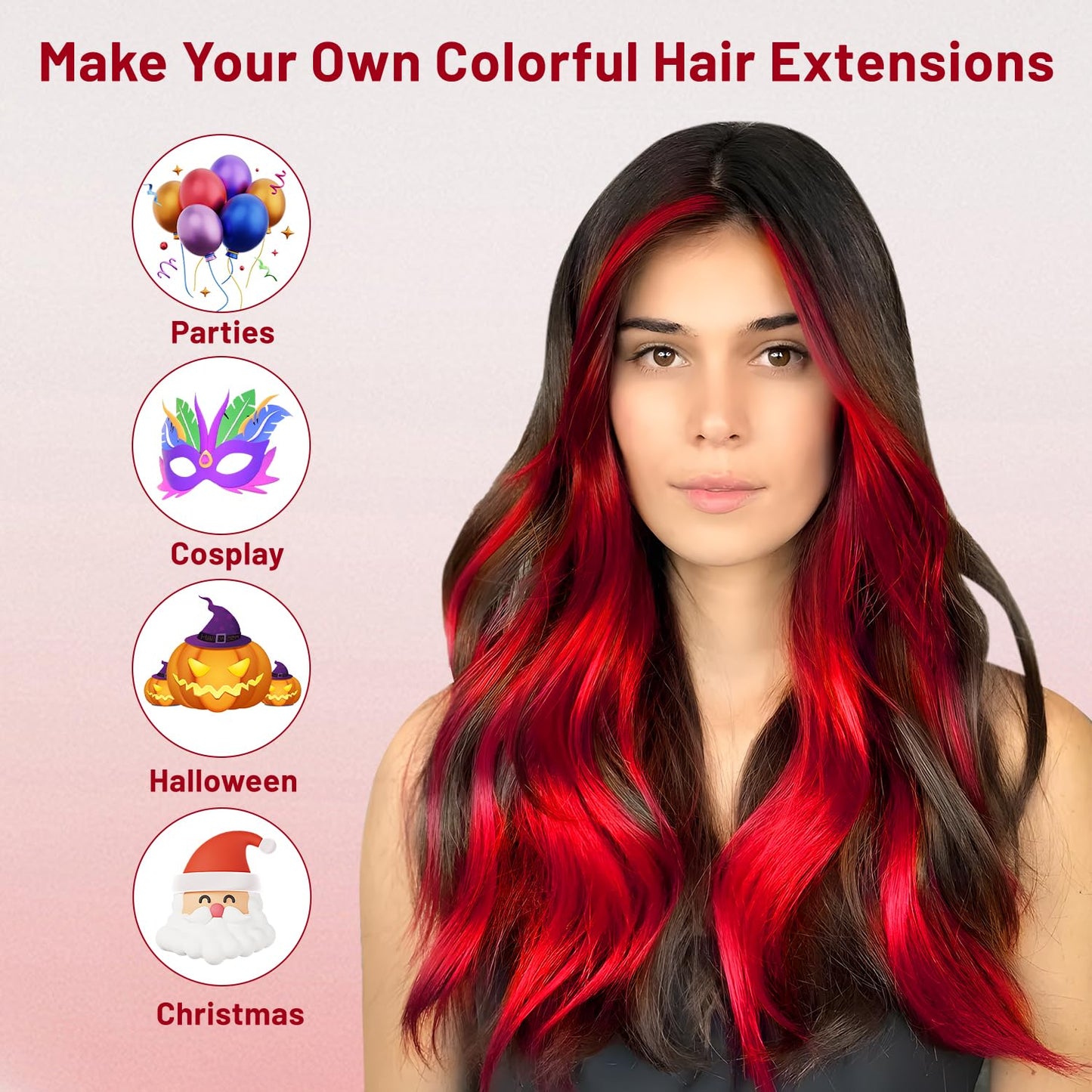 TOFAFA 16 Pcs Colored Hair Extensions Curly Wavy Clip in Synthetic Hairpiece Streak for Girls Women Kids,Multi-colors Party Highlights Cosplay Festival Gift(Red)