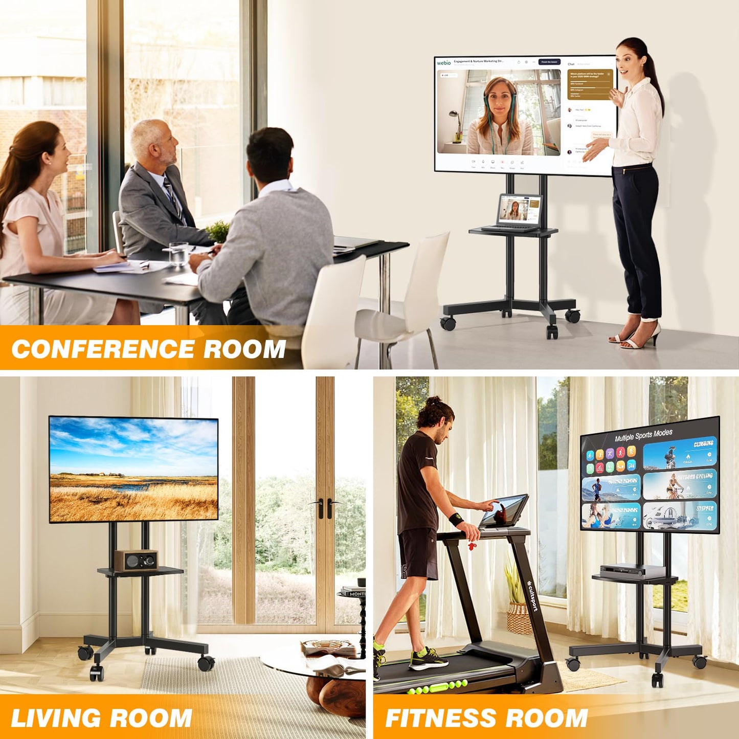 Mobile TV Stand with Upgraded Wheels for 32-75 Inch TVs up to 88 lbs, Height Adjustable Rolling TV Stand with Laptop Shelf, Mobile TV Cart with Heavy Duty Structure for Living Room, Patio, Office