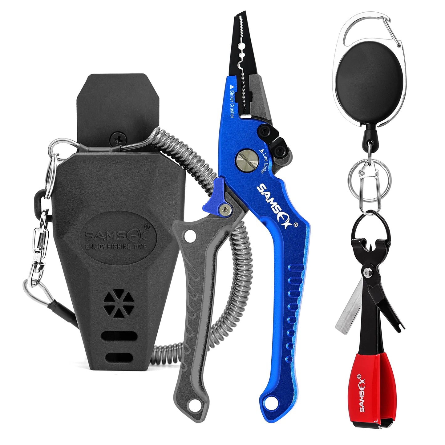 SAMSFX Aluminum Fishing Pliers Hook Remover Braid Line Cutter with Coiled Lanyard, Fly Fishing Knot Tying Tool & Retractors