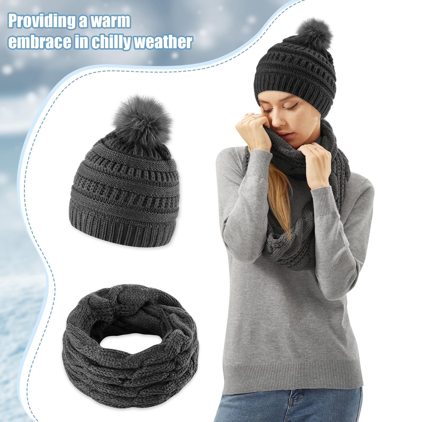 Liitrsh 6 Pcs Winter Hat Scarf Gloves Socks Facemask Ear Warmer Set Knit Beanie Hat with Pom Neck Warmer Warm Socks Facemask(Dark Gray)