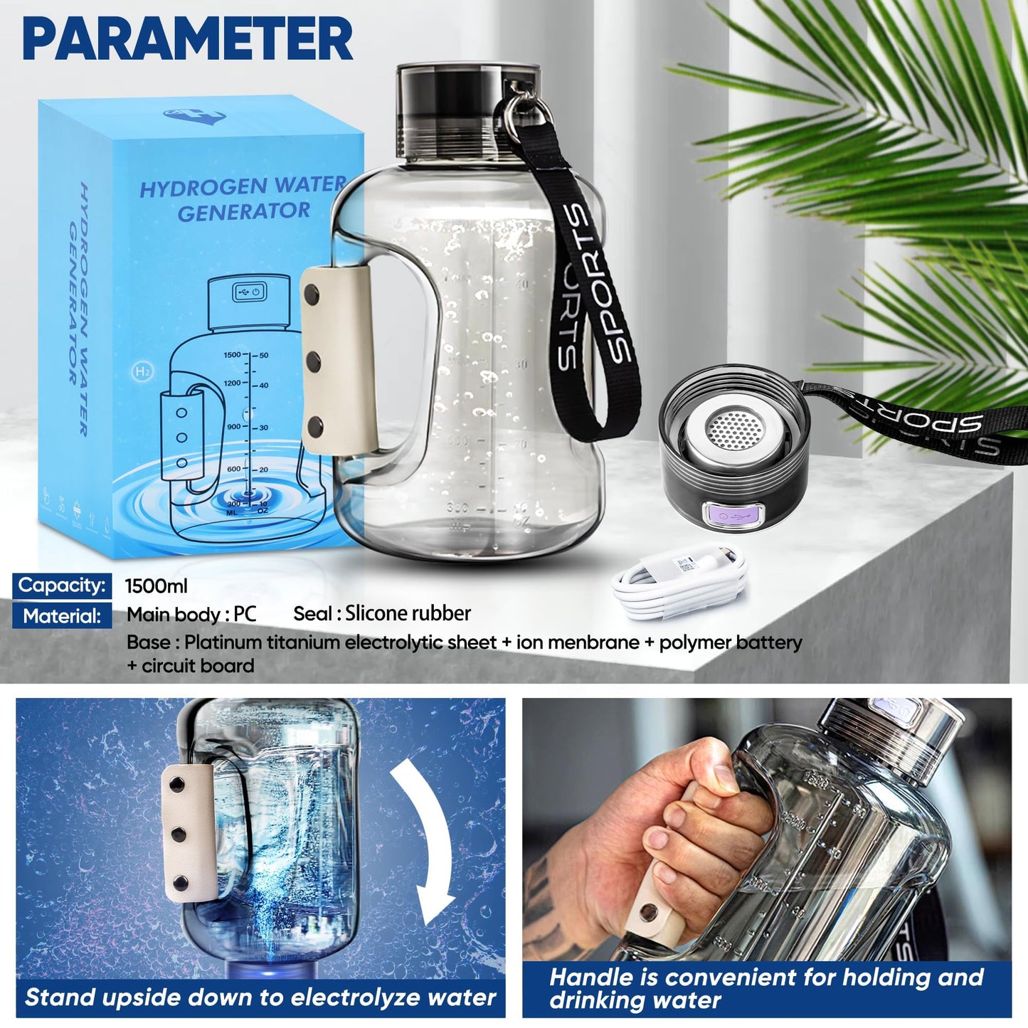 Hydrogen Water Bottle, 50.7oz/1.5L Large Hydrogen Water Bottle Generator, Ion Bottle Improve Water Quality in 3 Minutes, Water Ionizer Machine Suitable for Travel and Fitness Drinking(Black)